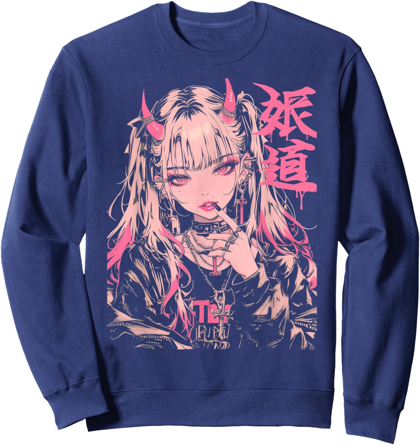 Goth Grunge Demon Anime Girl Waifu Horror Alt Aesthetic Sweatshirt - Sweatshirt | Navy