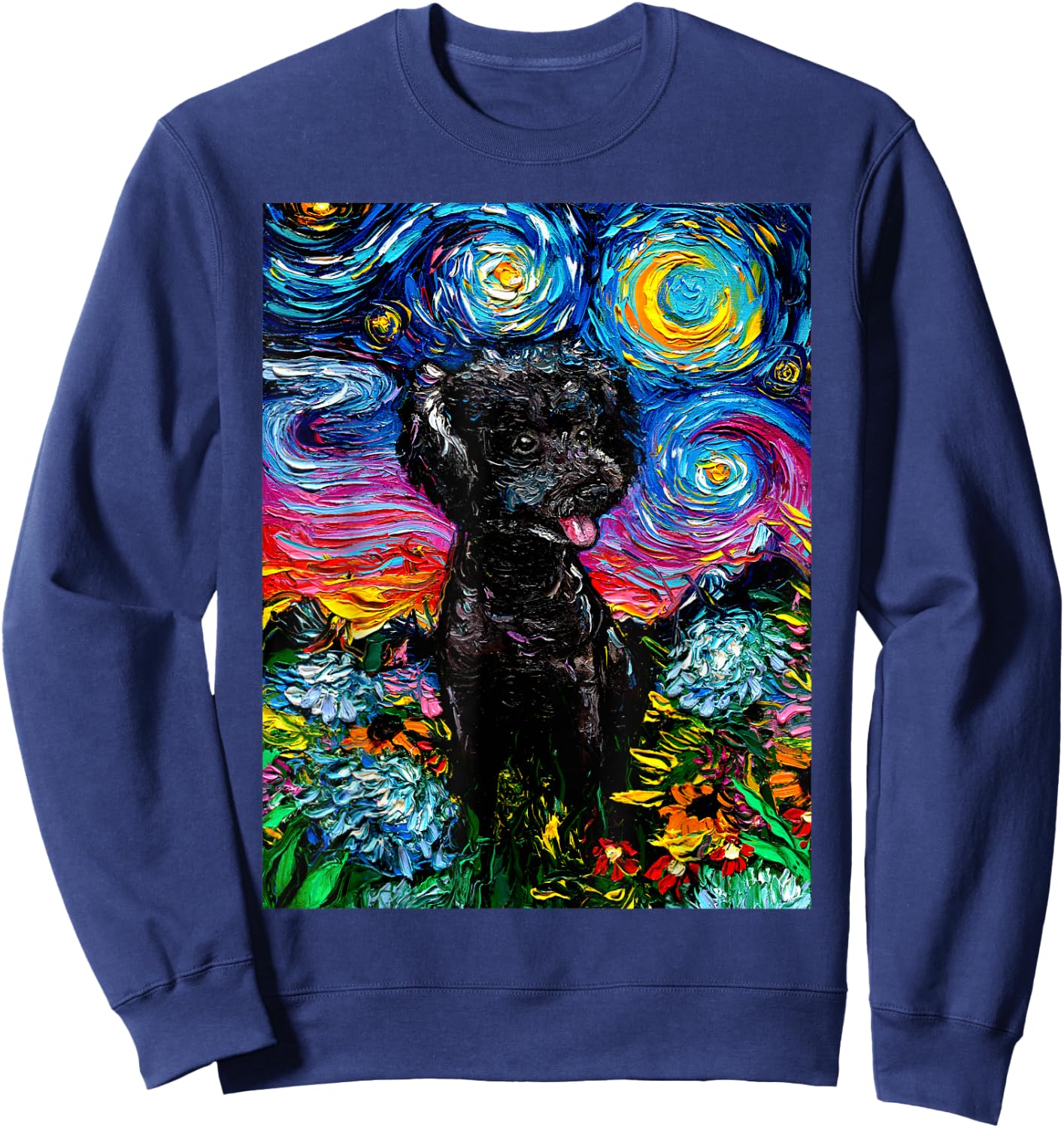 Cute Black Poodle and Flowers Starry Night Dog Art by Aja Women Kids Sweatshirt - Sweatshirt | Navy