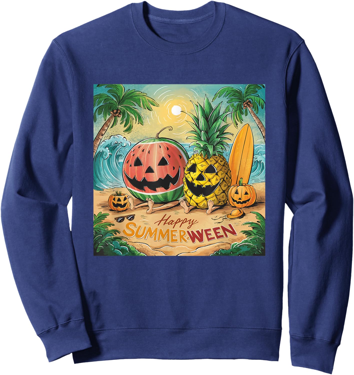 Happy Summerween Watermelon Pineapple Beach Vibes Halloween Women Kids Sweatshirt - Sweatshirt | Navy