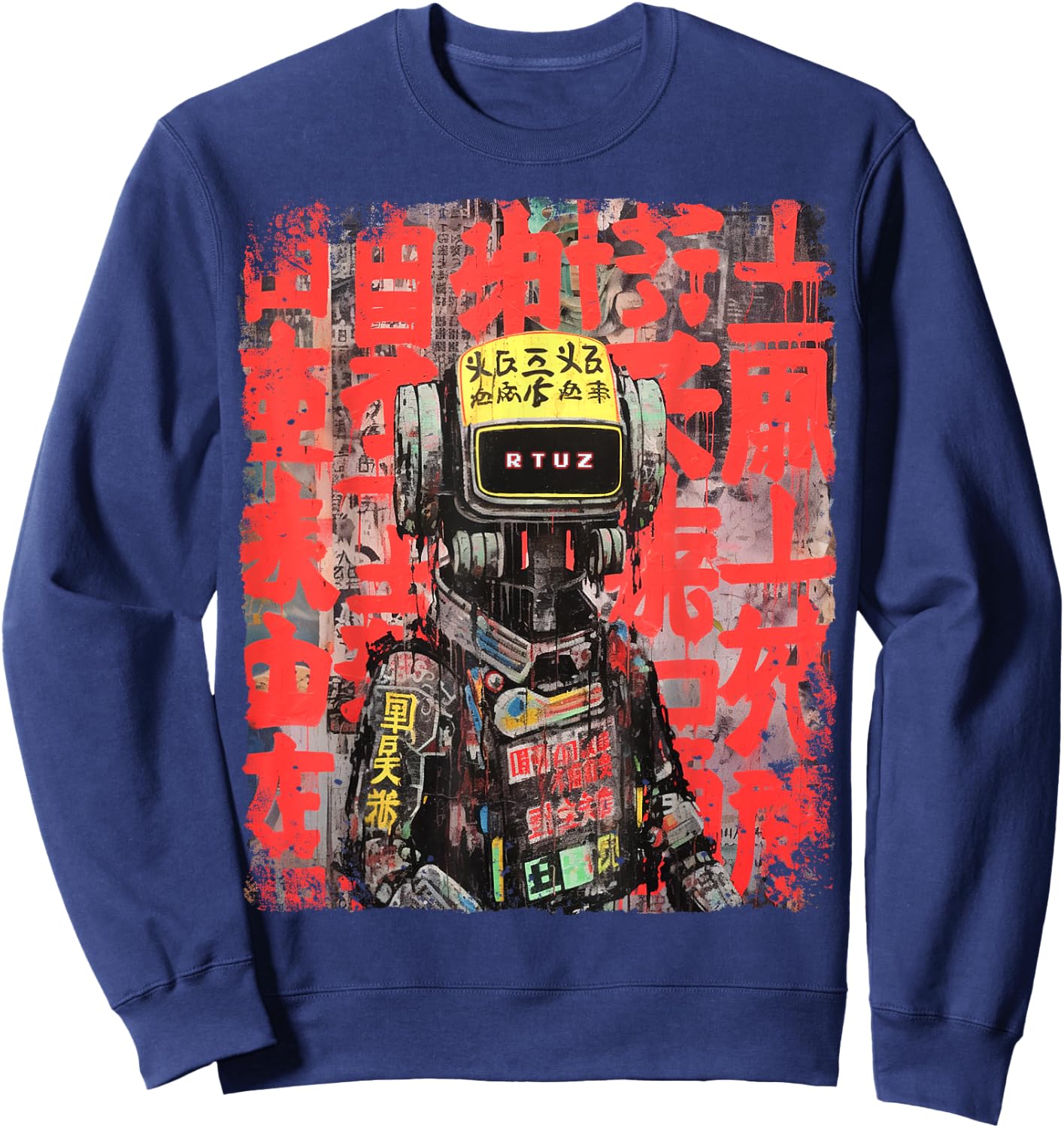 Hip Hop Y2K Vintage Hipster Edgy Urban Streetwear Robot Sweatshirt - Sweatshirt | Navy