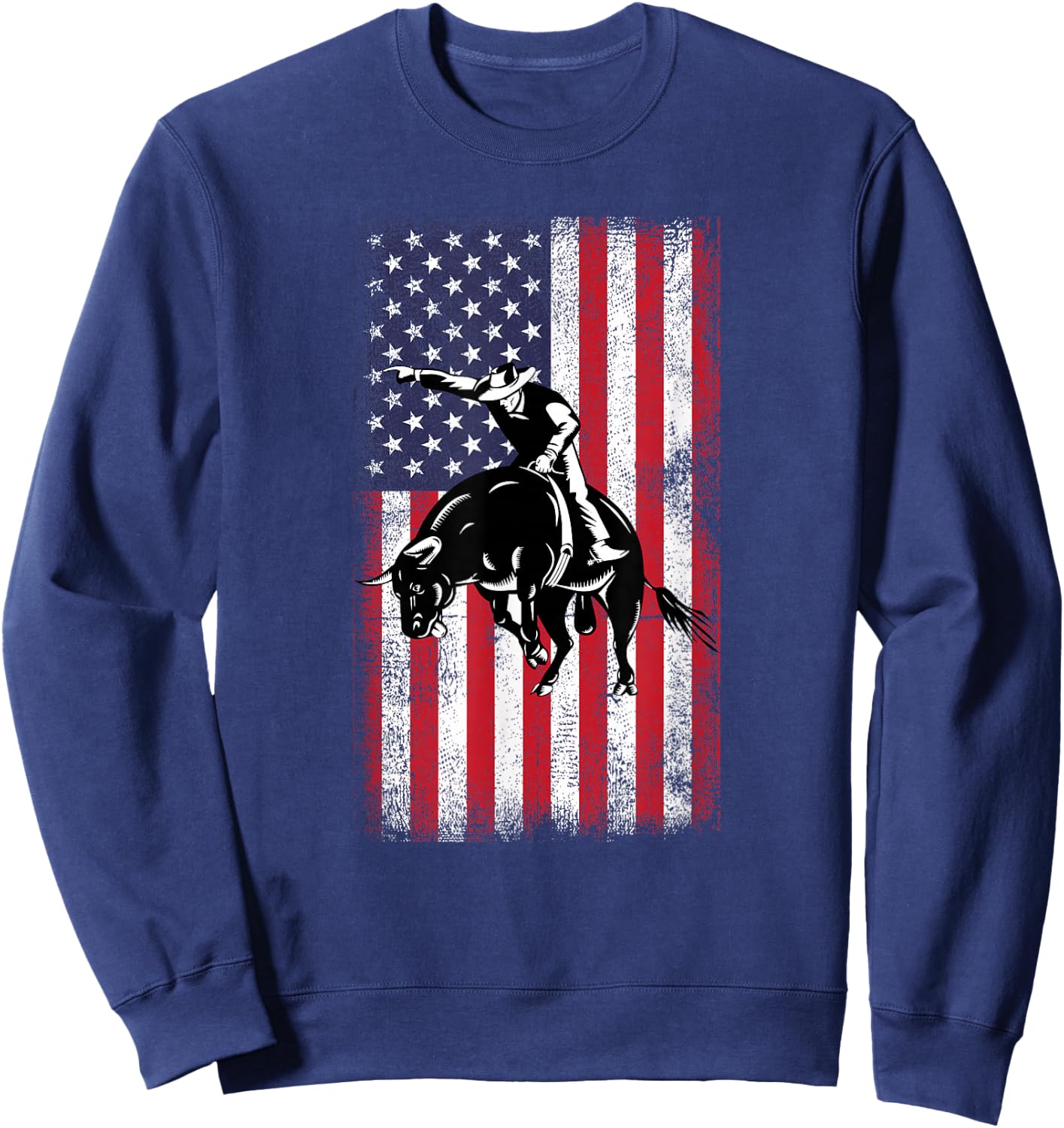 Rodeo Bull Rider Cowboys Patriotic American Flag Vintage Sweatshirt - Sweatshirt | Navy
