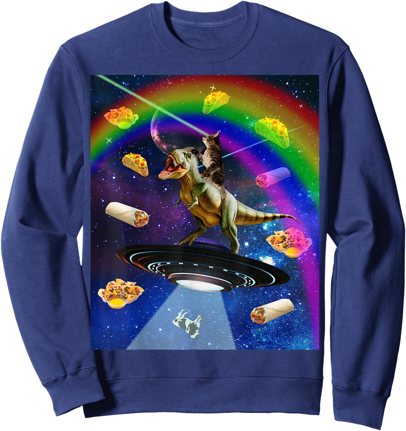 Laser Eyes Outer Space Cat Riding On T-Rex Dinosaur Women Sweatshirt - Sweatshirt | Navy