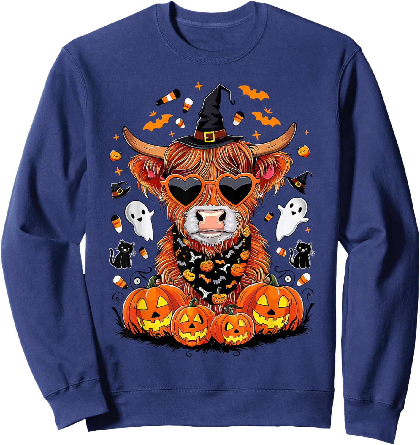 Halloween Highland Cow Farm Western Ghost Cow Witchy Pumpkin Sweatshirt - Sweatshirt | Navy
