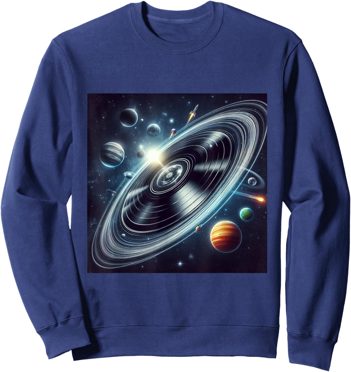 Vinyl Record Orbiting Through Space Cosmic Trails Planets Sweatshirt - Sweatshirt | Navy