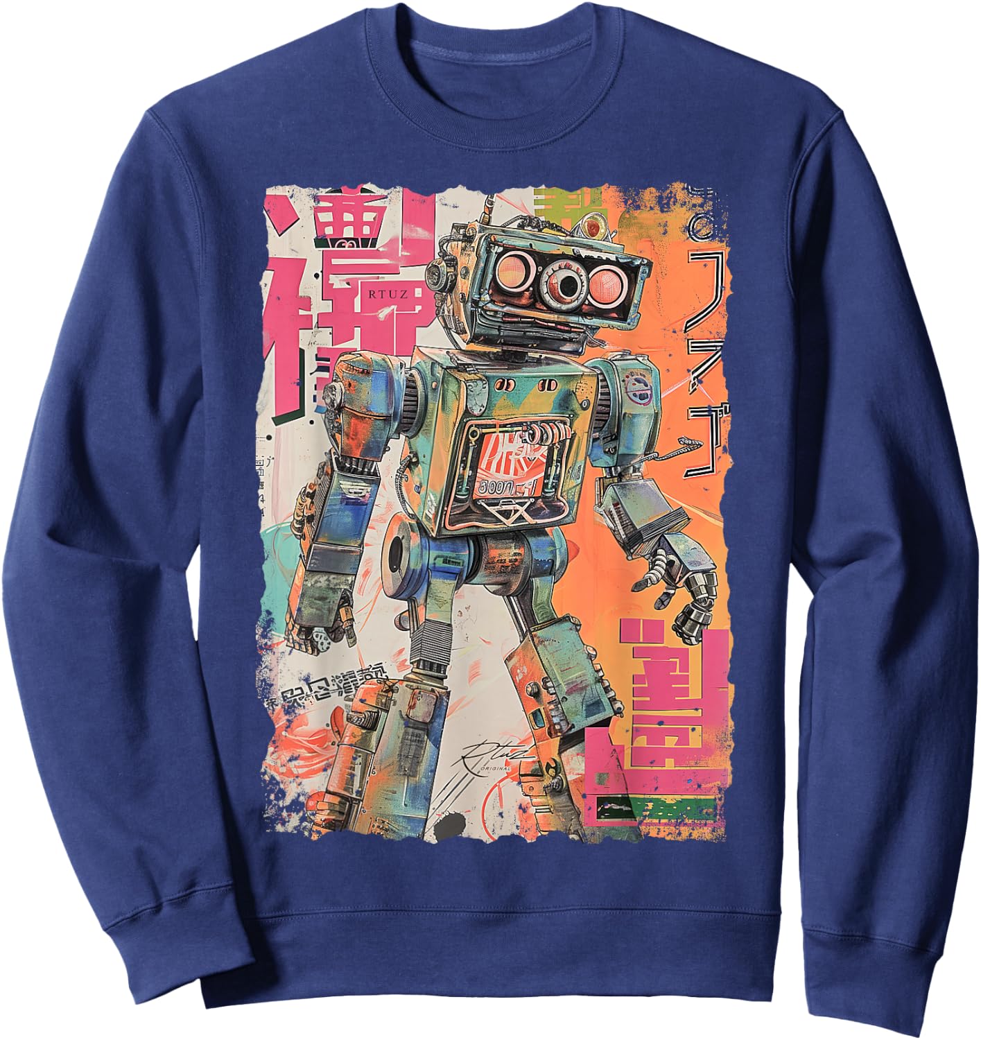 Hip Hop Y2K Vintage Hipster Edgy Urban Streetwear Robot Sweatshirt - Sweatshirt | Navy
