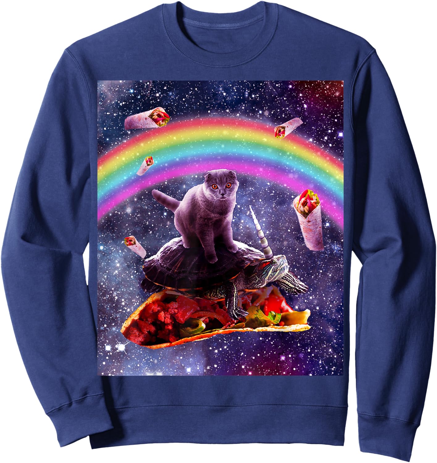 Space Cat Riding Turtle Unicorn - Taco & Burrito Sweatshirt - Sweatshirt | Navy