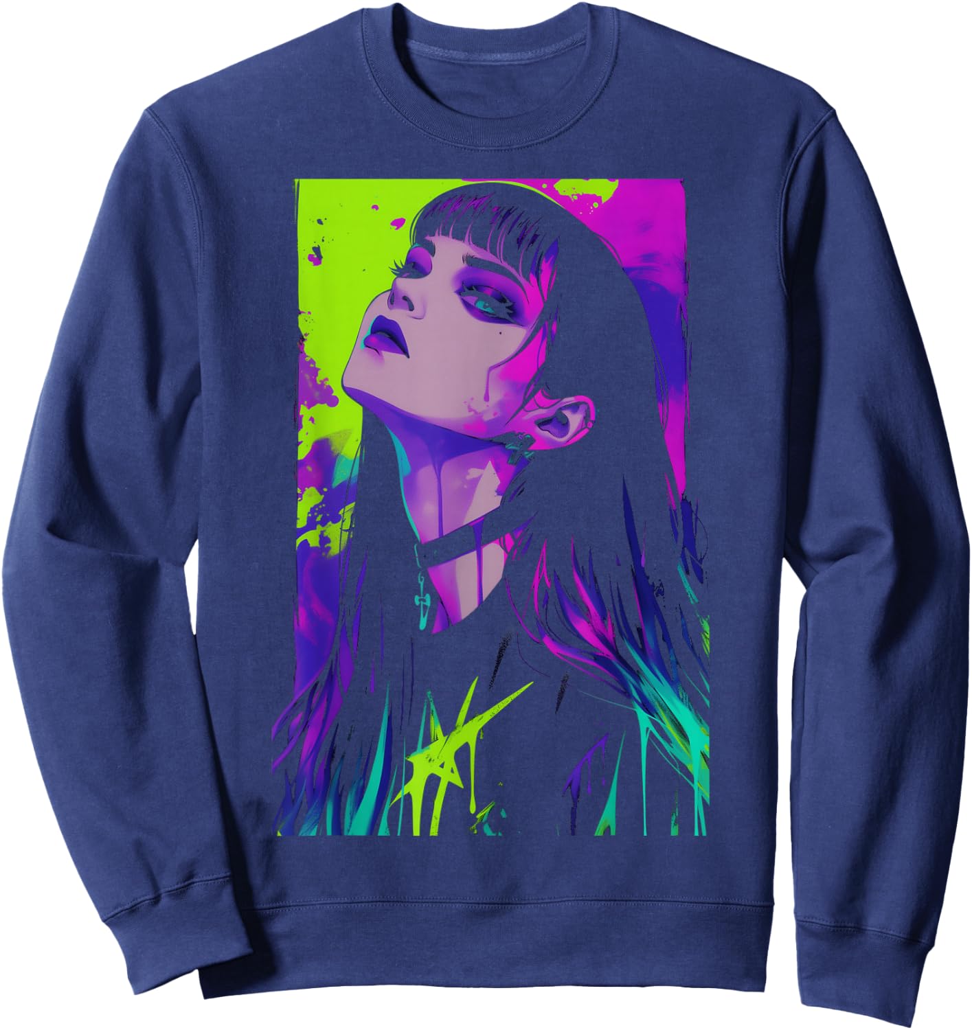 Cybergoth Cybercore Grunge Punk Goth Girl Alt Anime Manga Sweatshirt - Sweatshirt | Navy
