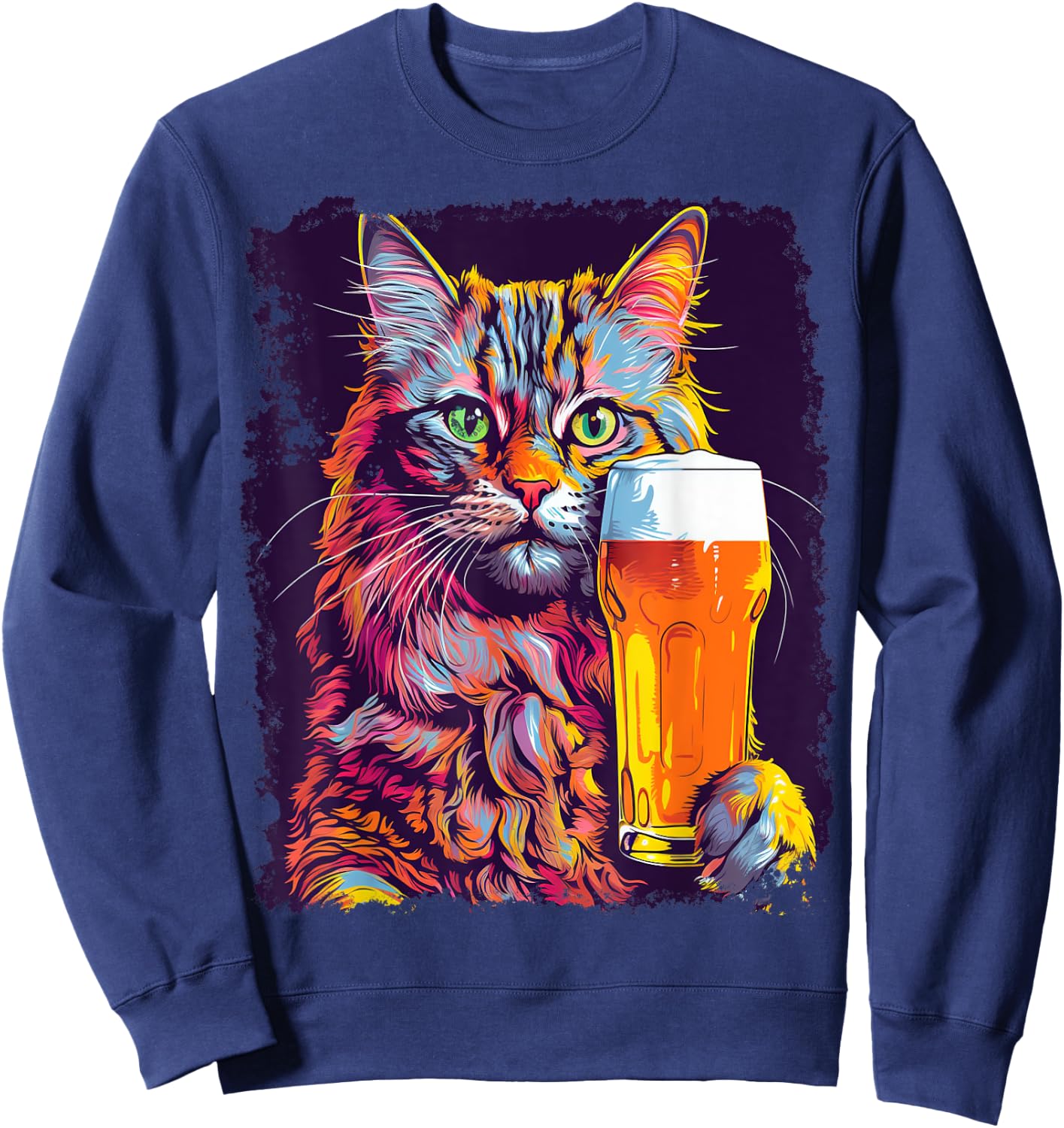 Noah&Friends Cat Drinking Beer -Adults Black Small Classic Fit U-Neck Sweatshirt - Sweatshirt | Navy