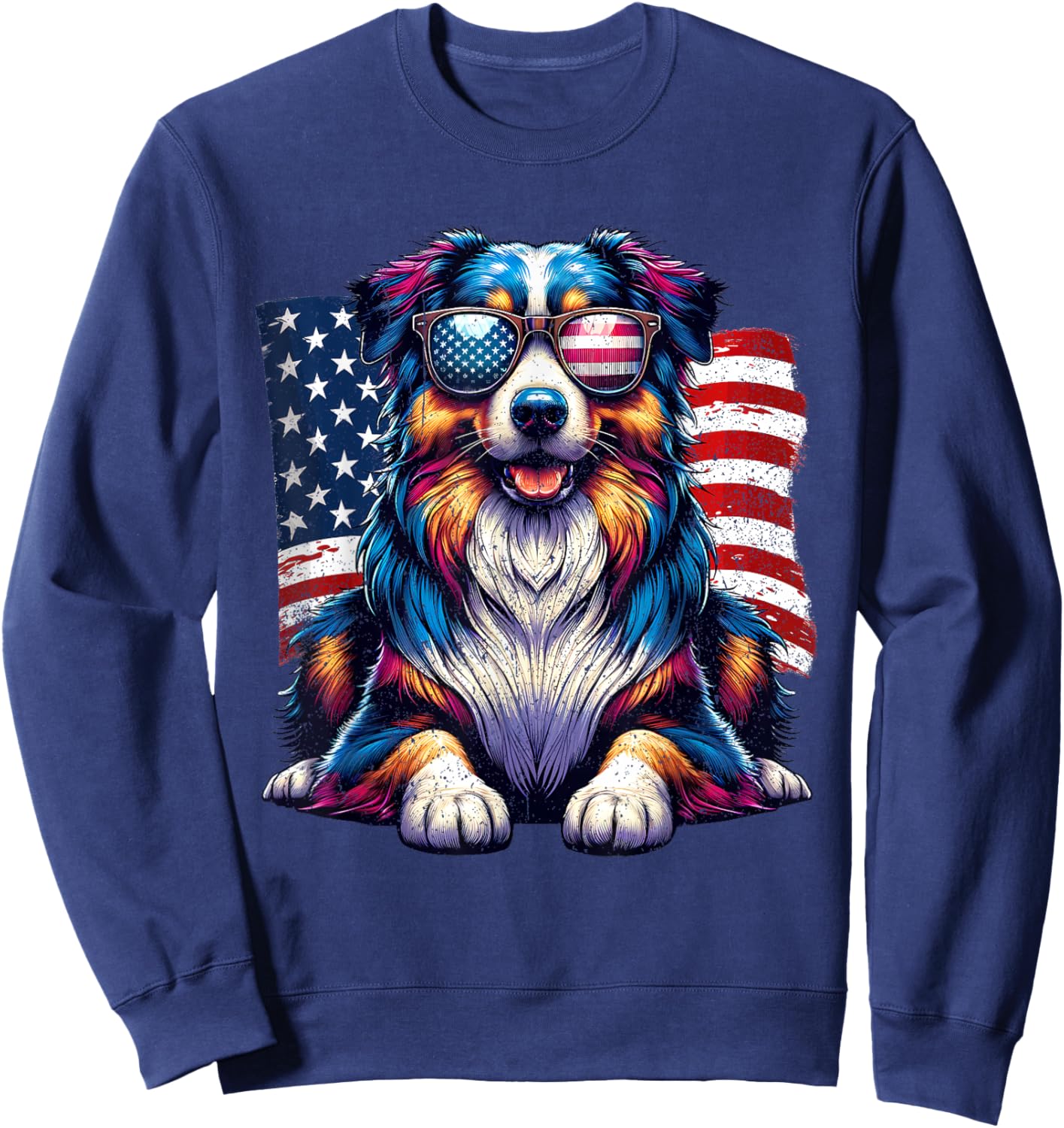 Vintage Australian Shepherd American Flag Pets Dogs USA US Sweatshirt - Sweatshirt | Navy