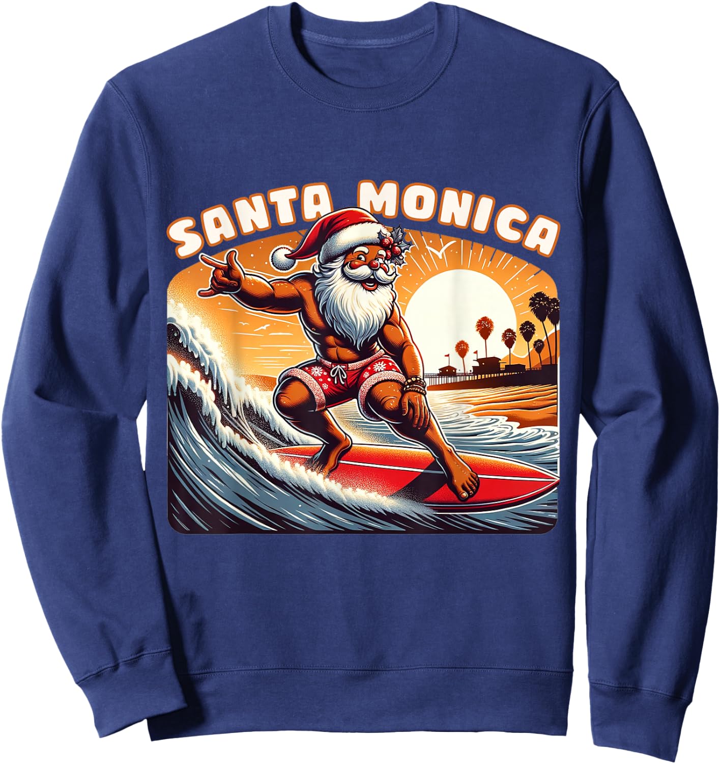 Santa Monica Claus Christmas Santa Monica California Surfer Sweatshirt - Sweatshirt | Navy