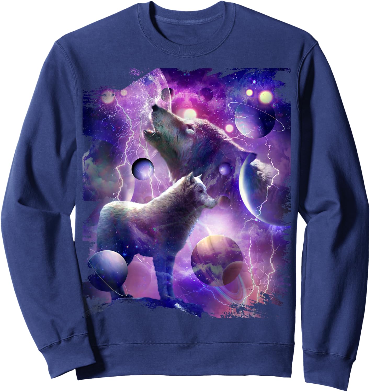 Cosmic Wolf Howling at Moon in Space Sweatshirt - Sweatshirt | Navy