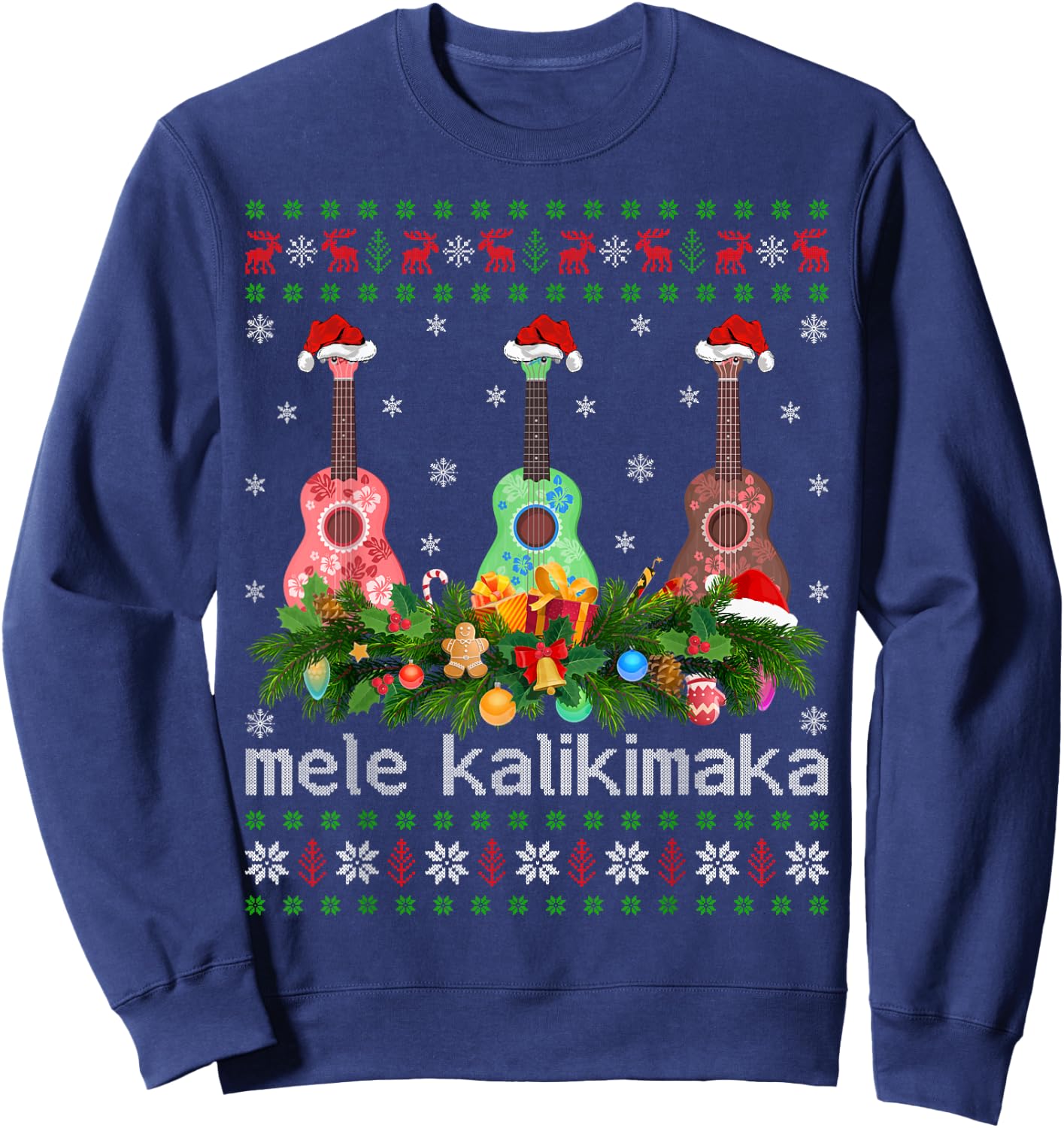 Mele Kalikimaka Ukulele Guitar Gift Ugly Ukulele Christmas Sweatshirt - Sweatshirt | Navy