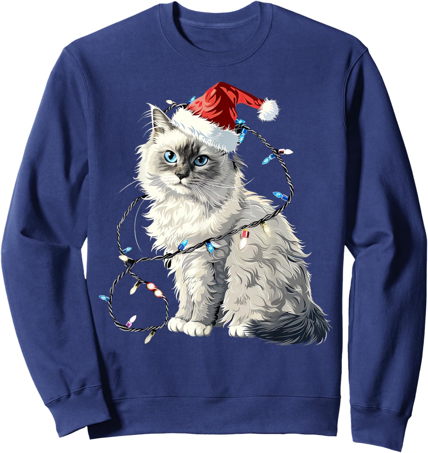 Cute Ragdoll Cat Santa Hat Christmas Lights Feline Sweatshirt - Sweatshirt | Navy