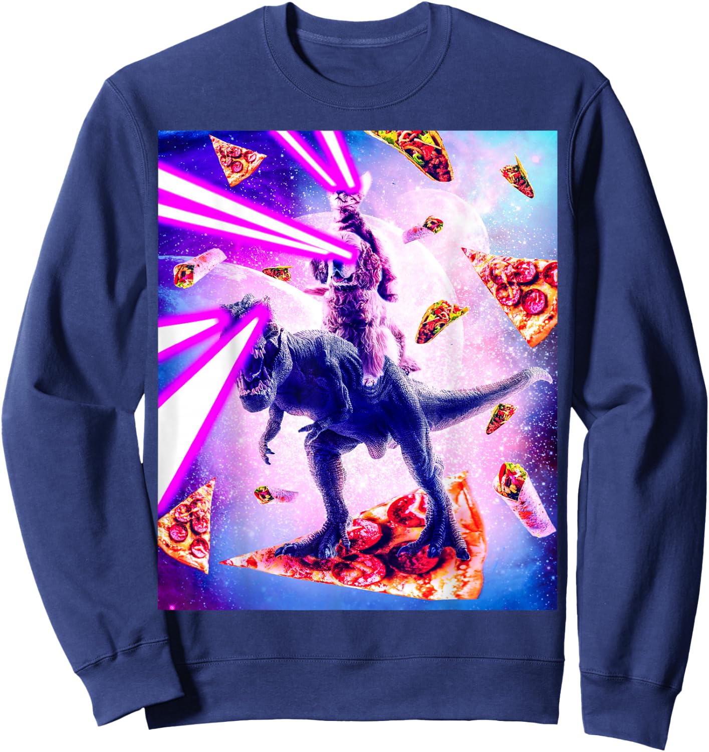 Laser Eyes Space Cat Riding Dog And Dinosaur Sweatshirt - Sweatshirt | Navy