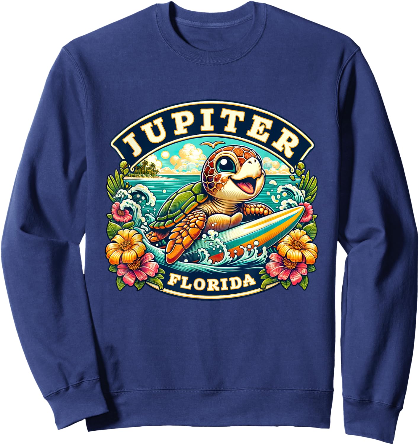 Jupiter Florida Cute Sea Turtle Surfing Sweatshirt - Sweatshirt | Navy