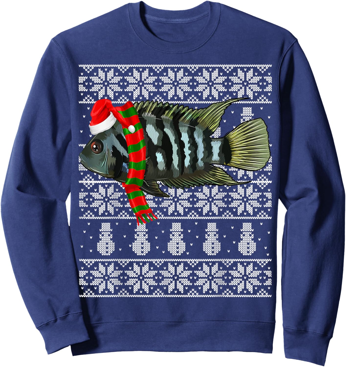 Fish Xmas Santa Hat Convict Cichlids Ugly Christmas Sweatshirt - Sweatshirt | Navy