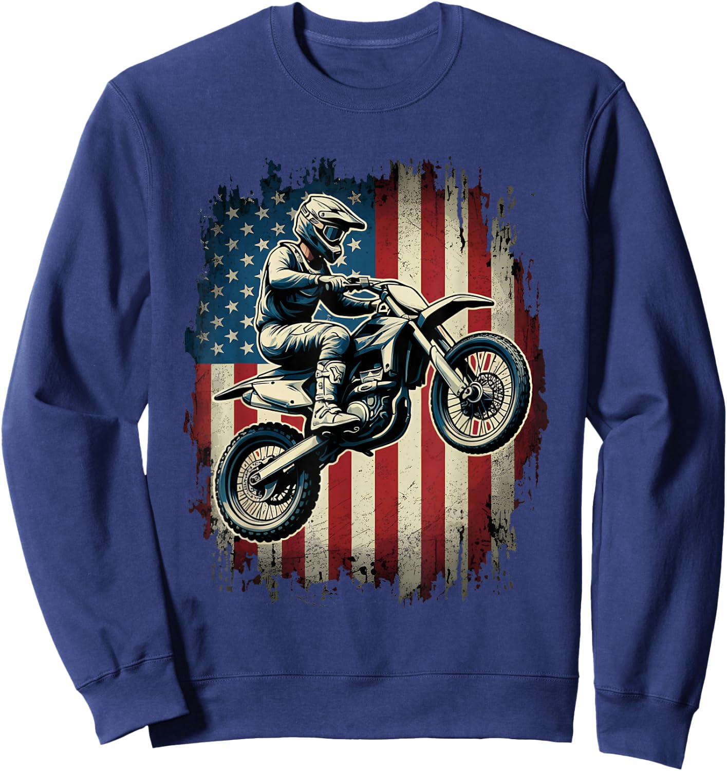 Dirt Bike American Flag Motocross Biker USA Vintage Sweatshirt - Sweatshirt | Navy