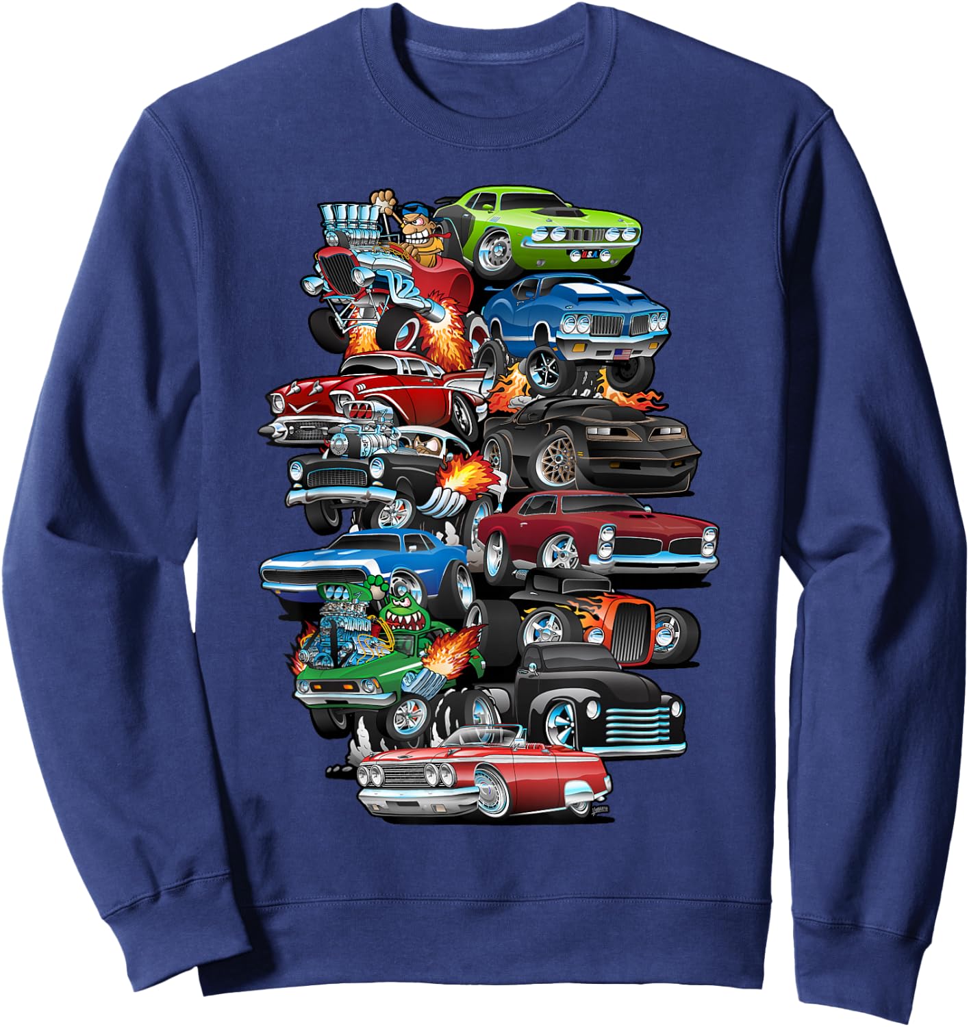 Car Madness! Muscle Cars, Classic Cars and Hotrods Cartoon Sweatshirt - Sweatshirt | Navy