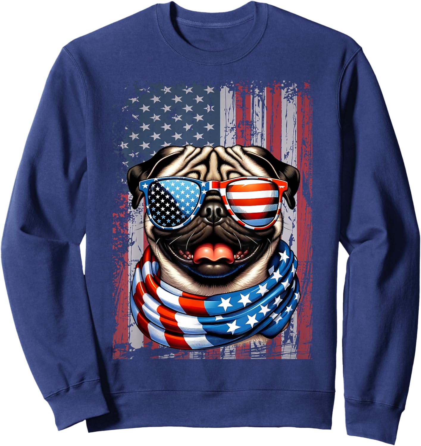 Pug Dog Lover US Flag 4th of July Patriotic Sweatshirt - Sweatshirt | Navy