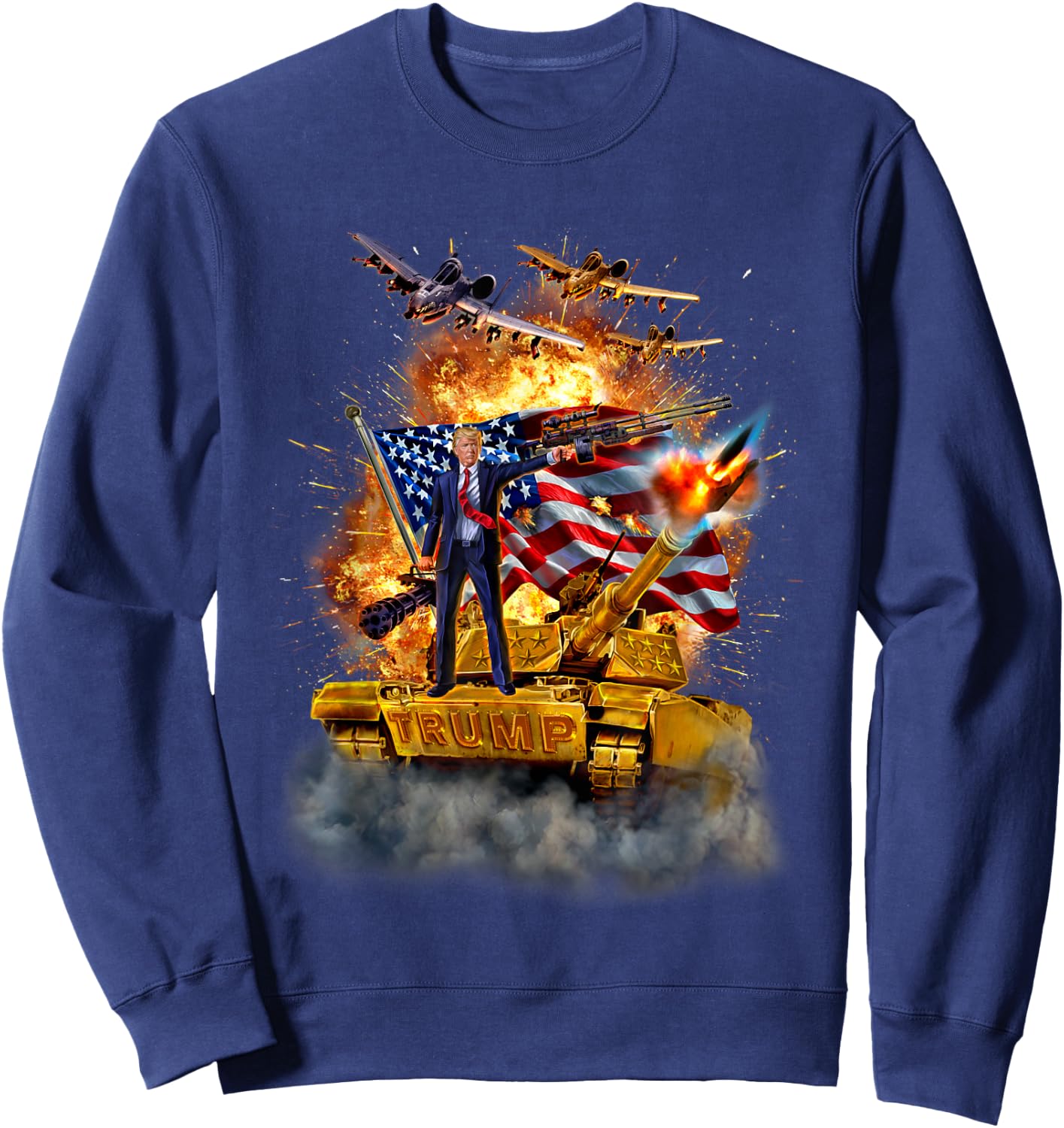 President Donald Trump Rides a Golden Tank Sweatshirt - Sweatshirt | Navy