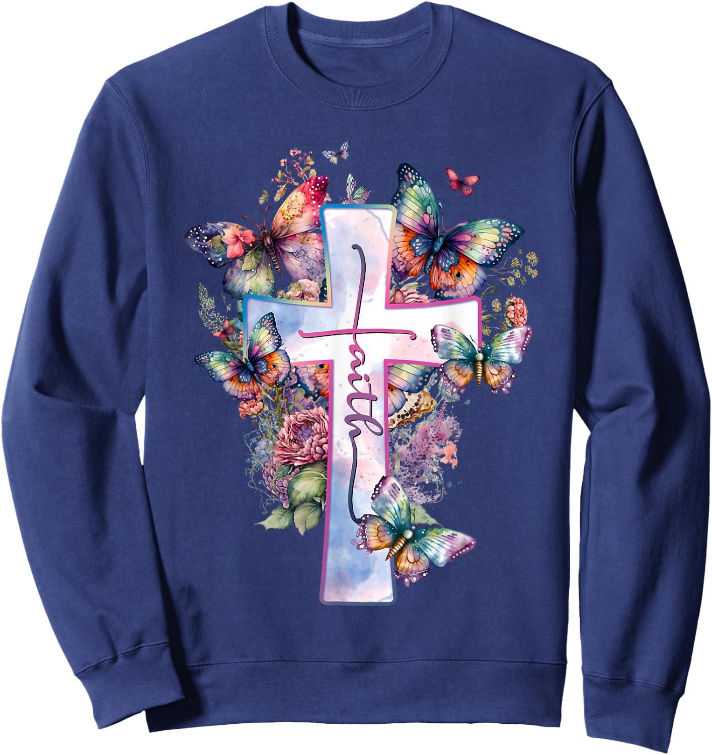 Faith-Cross Floral Butterflies Christ Flowers Religious Sweatshirt - Sweatshirt | Navy