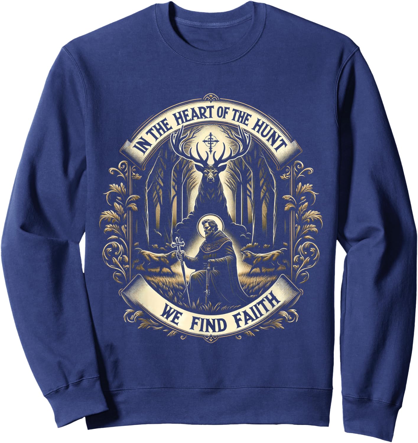 St. Hubertus Patron Hunter & Stag - Christian Faith Sweatshirt - Sweatshirt | Navy