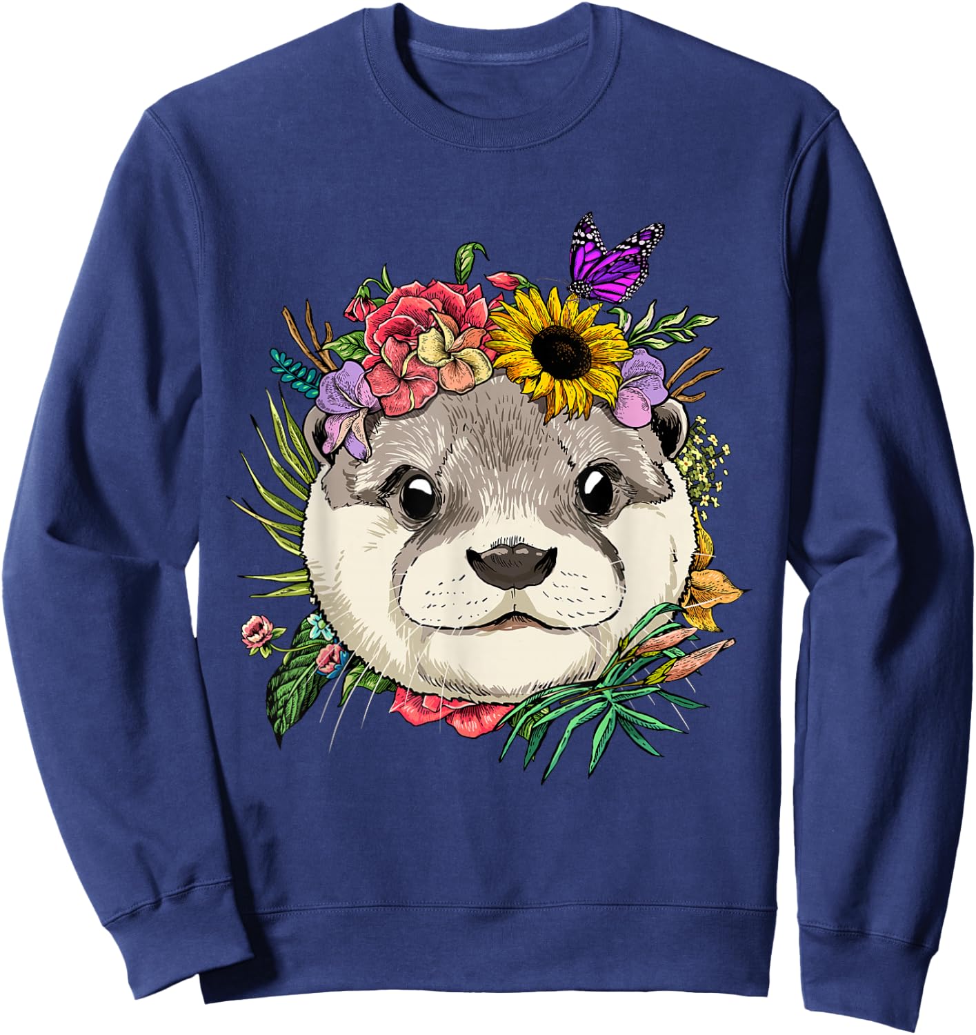 Floral Otter Spring Nature Otter Animal Lovers Sweatshirt - Sweatshirt | Navy