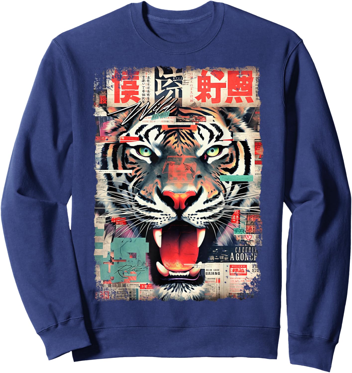 Hip Hop Y2K Vintage Hipster Edgy Urban Streetwear Tiger Sweatshirt - Sweatshirt | Navy