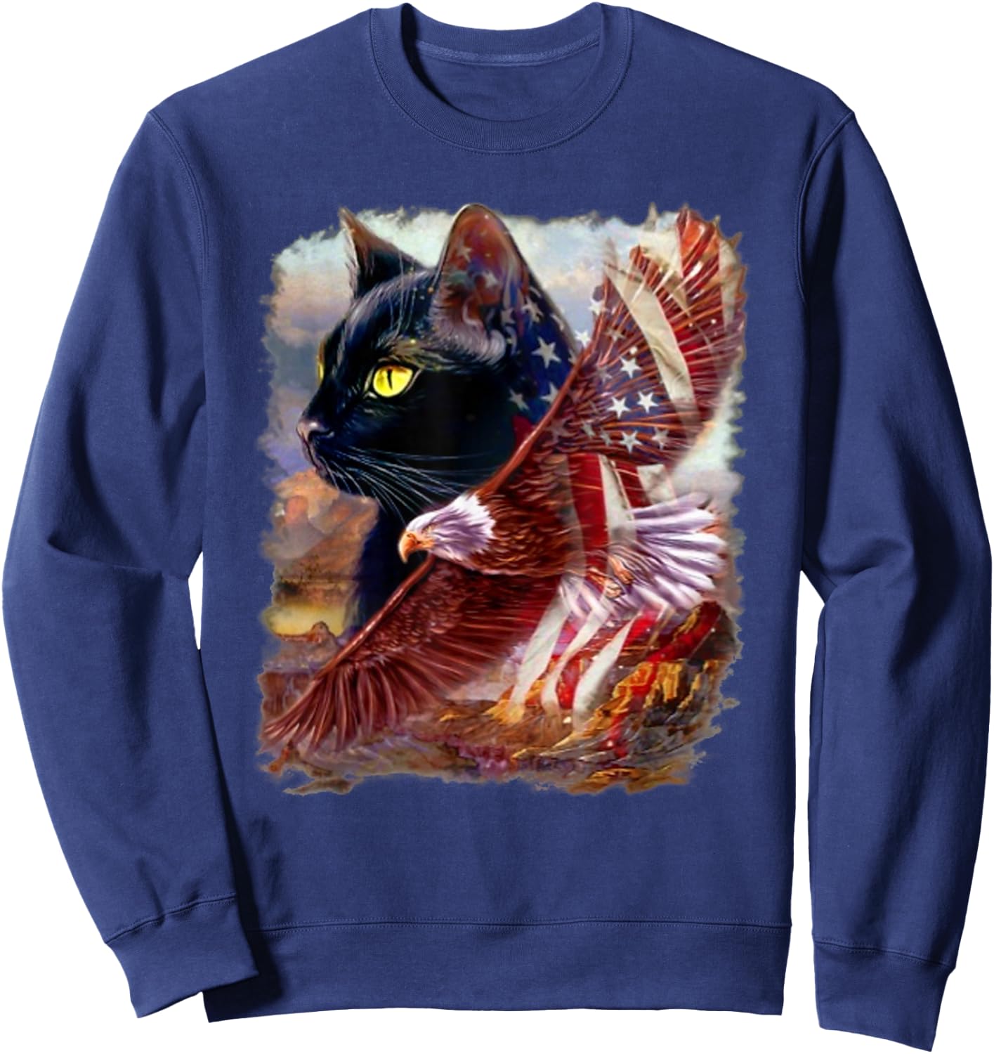 Black Cat Kitten American Flag Eagle 4th July Independence Men Sweatshirt - Sweatshirt | Navy