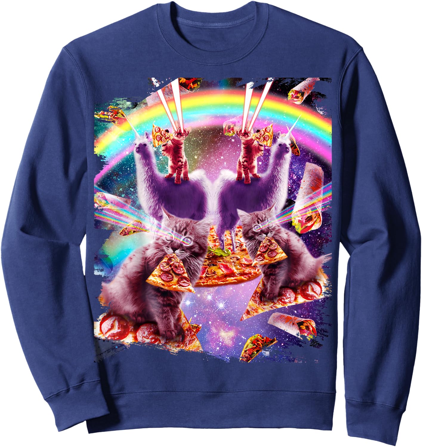 Laser Pizza Cat On Llama, Lazer Kitty Cats In Rainbow Space Sweatshirt - Sweatshirt | Navy