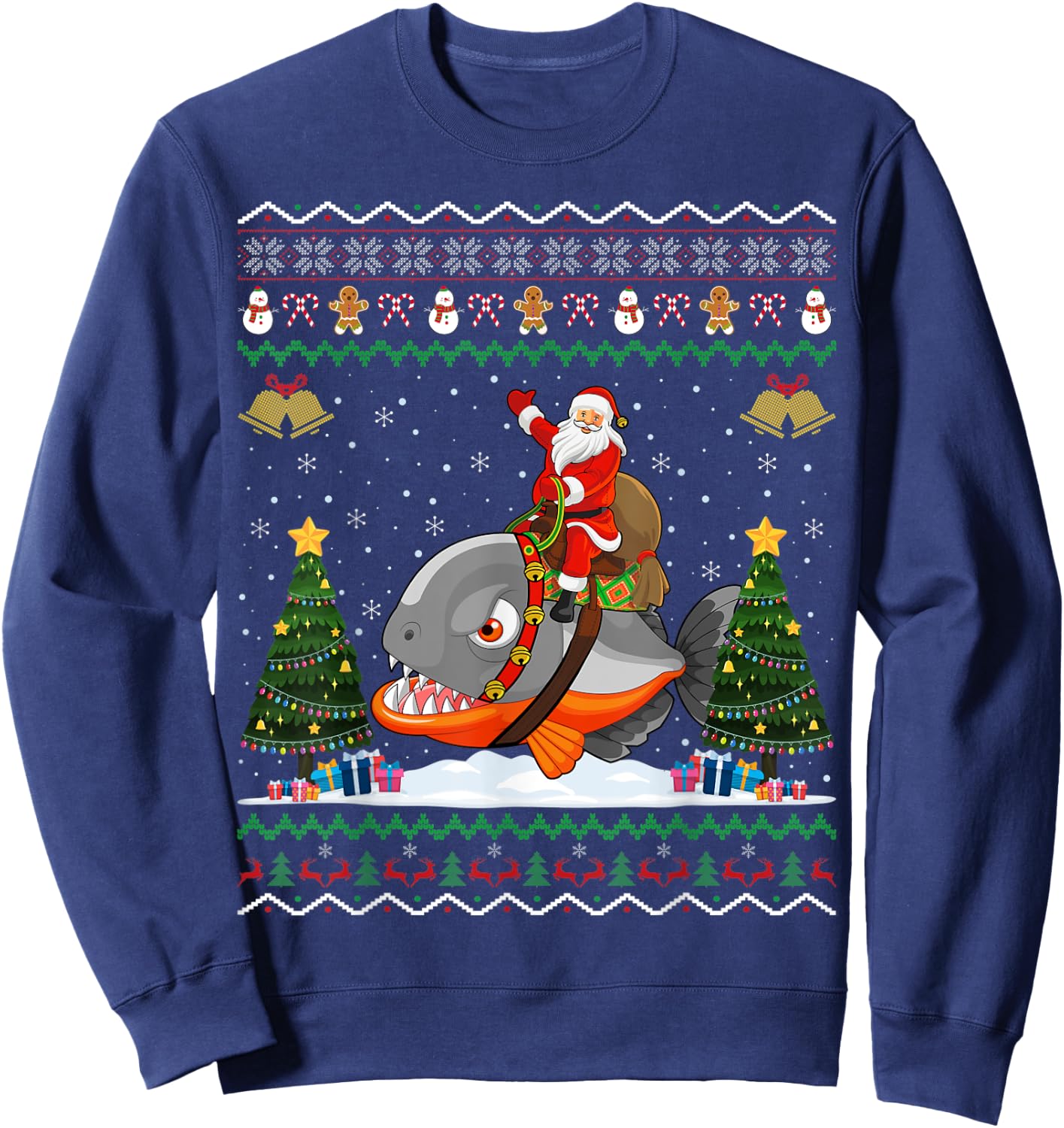 Piranha Ugly Xmas Gift Santa Riding Piranha Christmas Sweatshirt - Sweatshirt | Navy