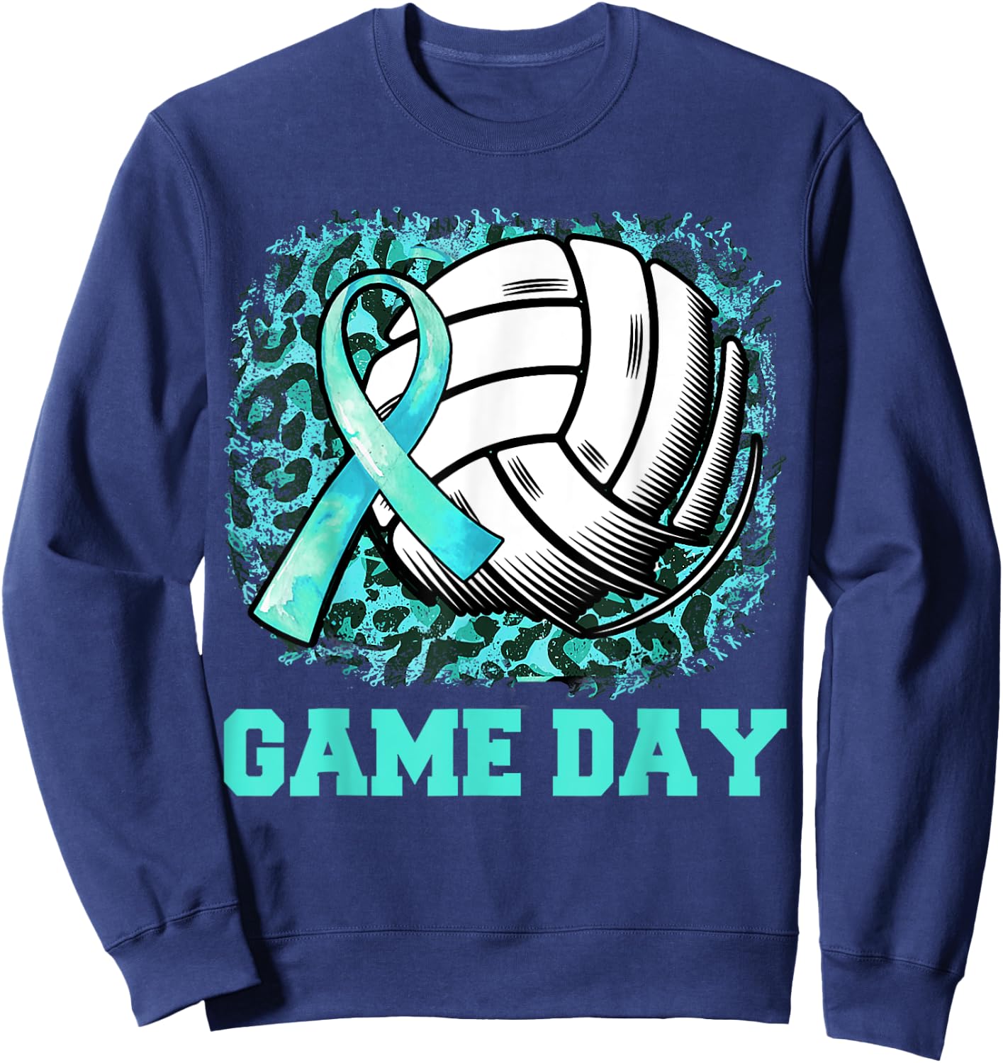 Game Day Cervical Cancer Awareness Ribbon Teal Volleyball Sweatshirt - Sweatshirt | Navy
