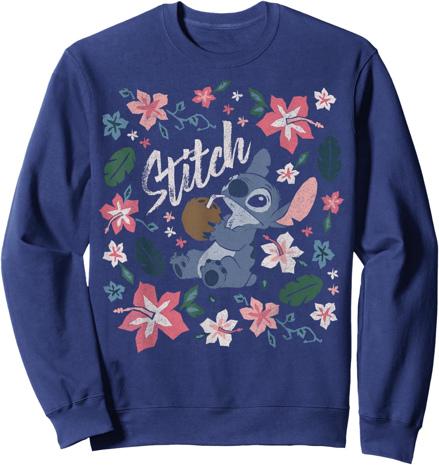 Disney Lilo & Stitch Floral Stitch Coconut Portrait Short Sleeve Sweatshirt - Sweatshirt | Navy