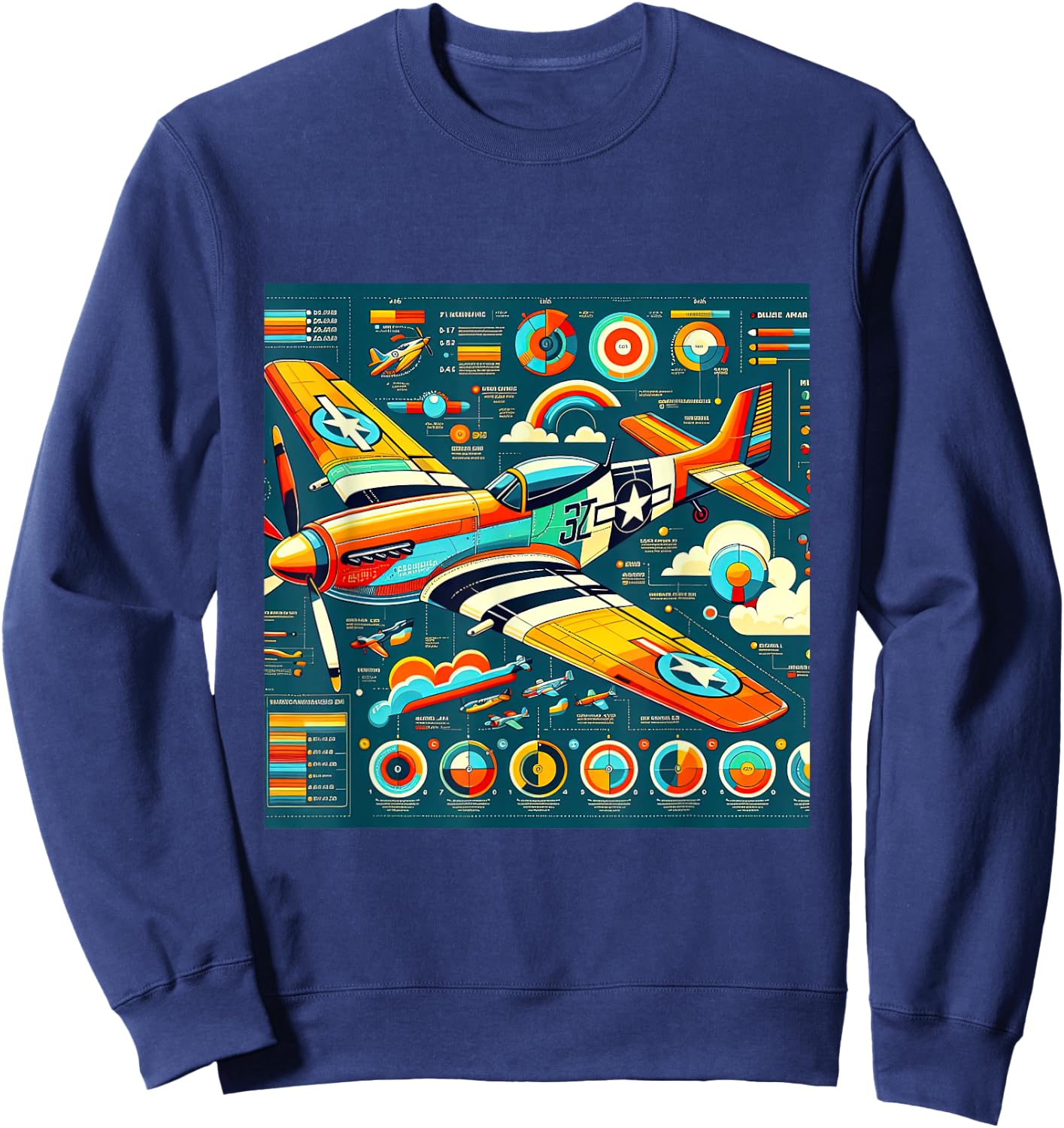 P51 Mustang WW2 Warplane Airplane Infographics Sweatshirt - Sweatshirt | Navy