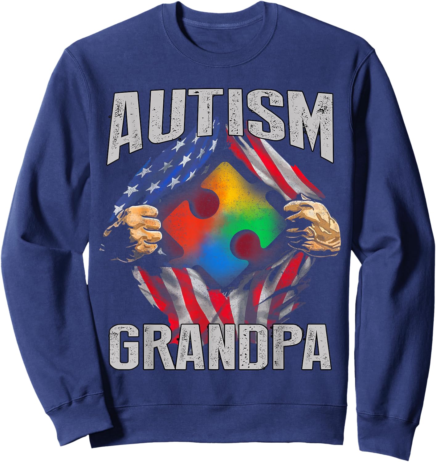 Autism Grandpa American Flag Autism Awareness Sweatshirt - Sweatshirt | Navy