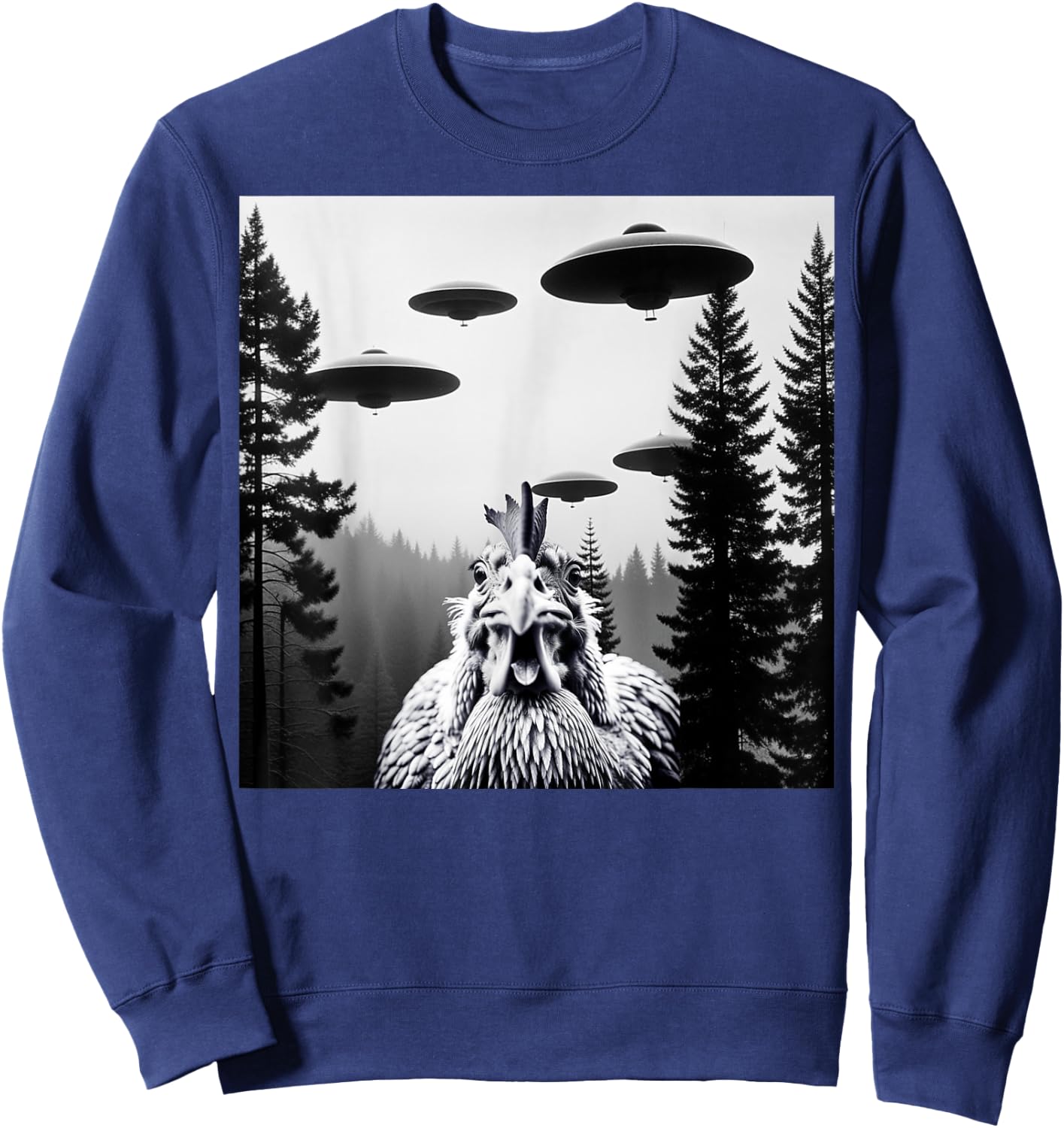 Funny Chicken With Alien UFO Spaceship. Chicken And Alien Sweatshirt - Sweatshirt | Navy