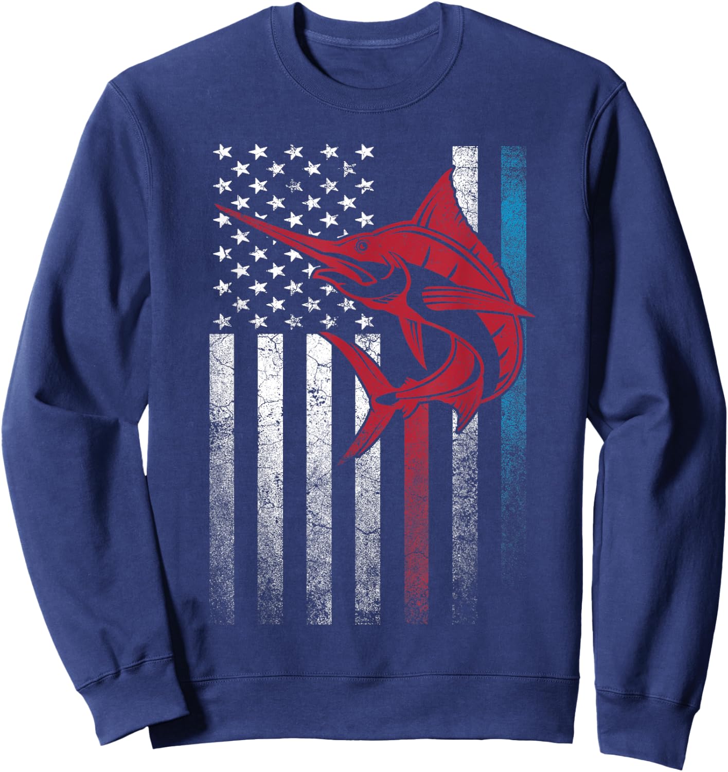 Fishing Marlin Swordfish Fish 4th of July American Flag USA Women Kids Men Sweatshirt - Sweatshirt | Navy