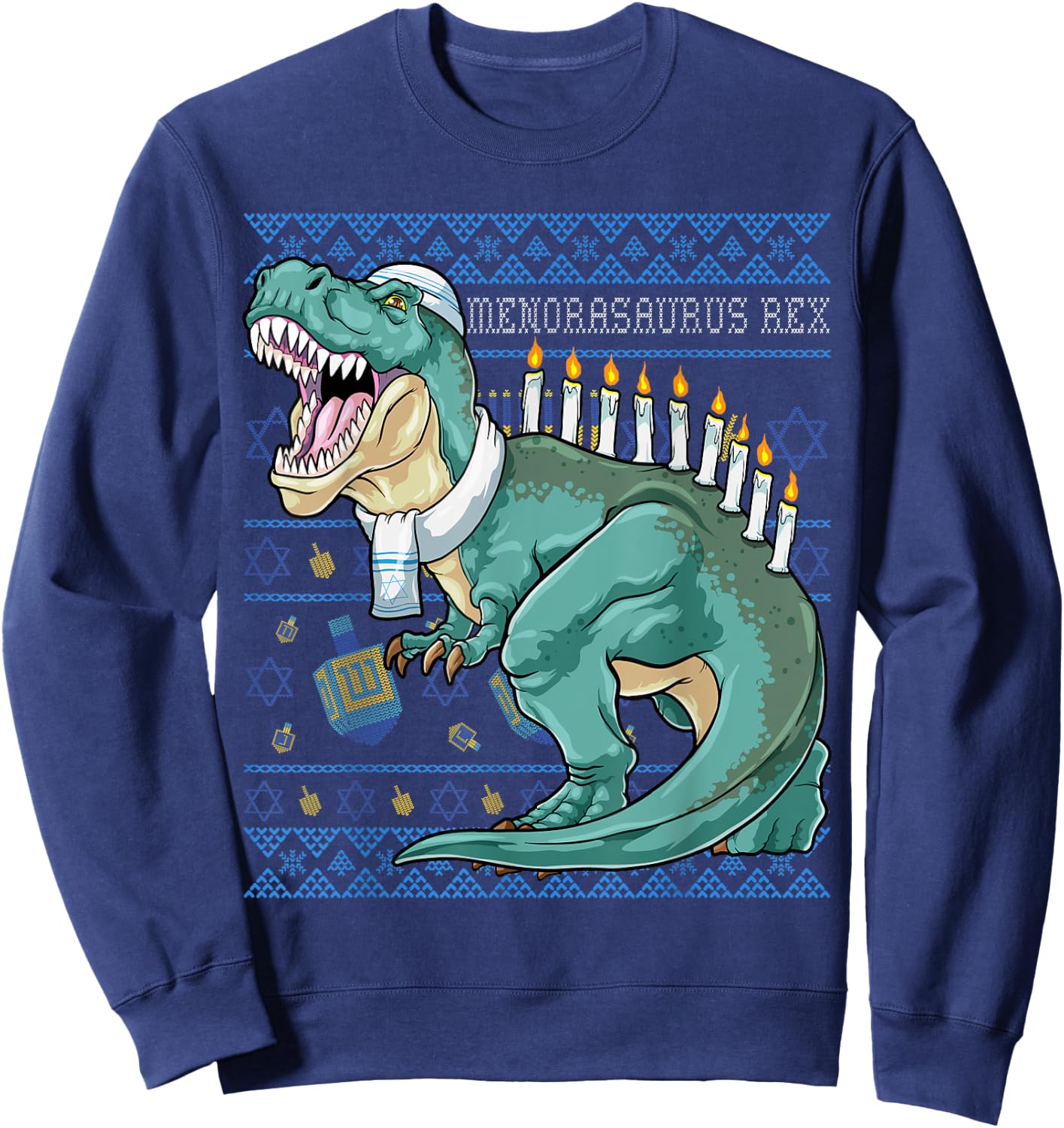 Menorasaurus Rex Hanukkah Shirt Jewish Dinosaur Menorah Sweatshirt - Sweatshirt | Navy