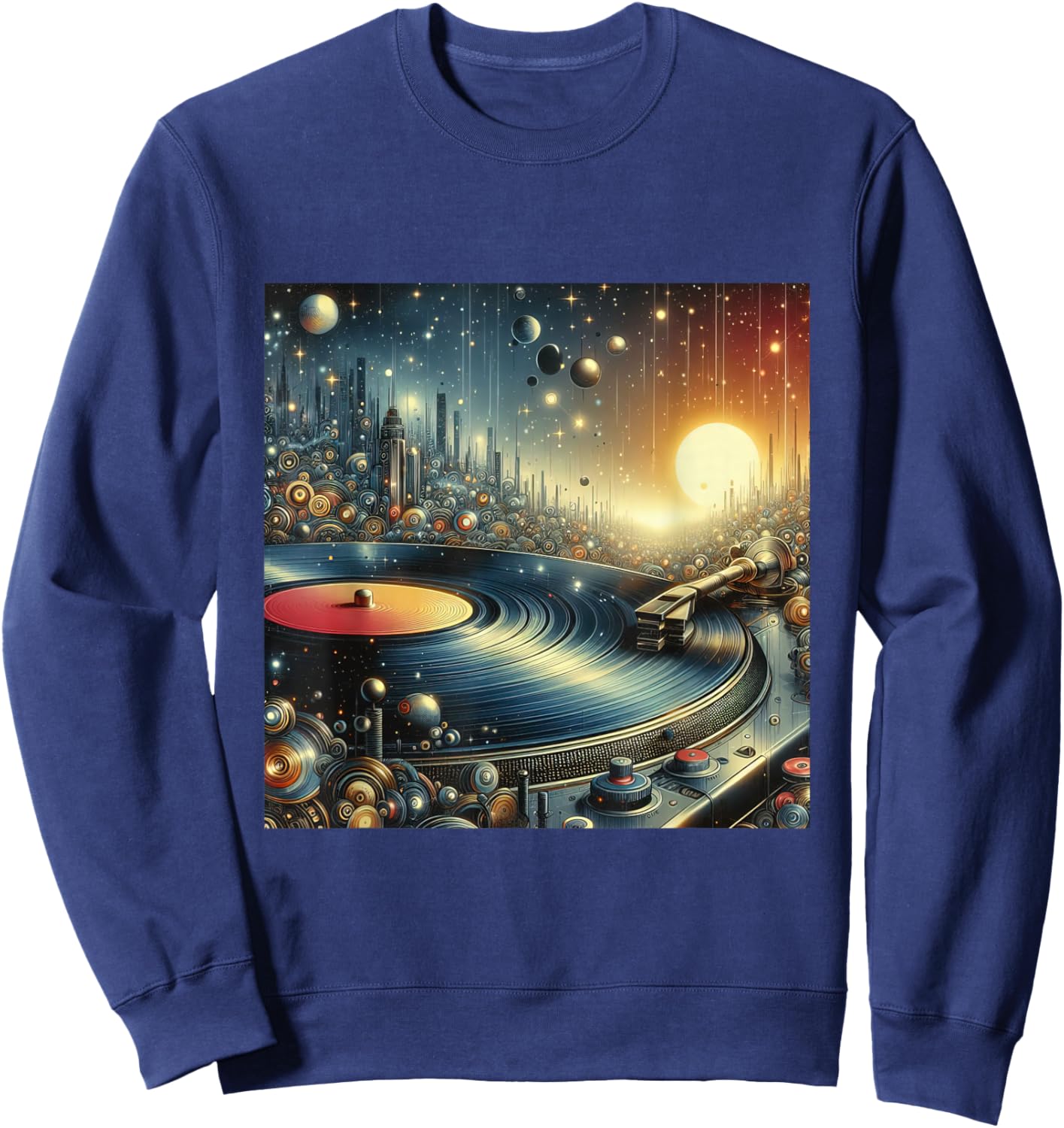Futuristic Space City Vinyl Record Player Sci-Fi Cityscape Sweatshirt - Sweatshirt | Navy