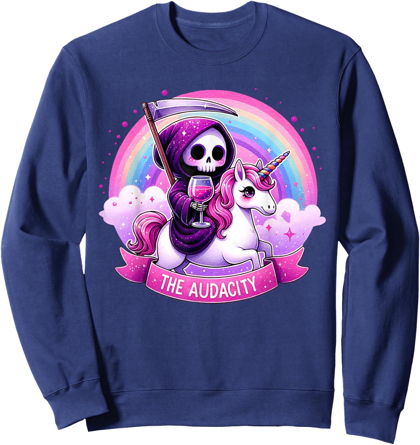 The Audacity Skeleton Riding Unicorn Rainbow Halloween Women Sweatshirt - Sweatshirt | Navy
