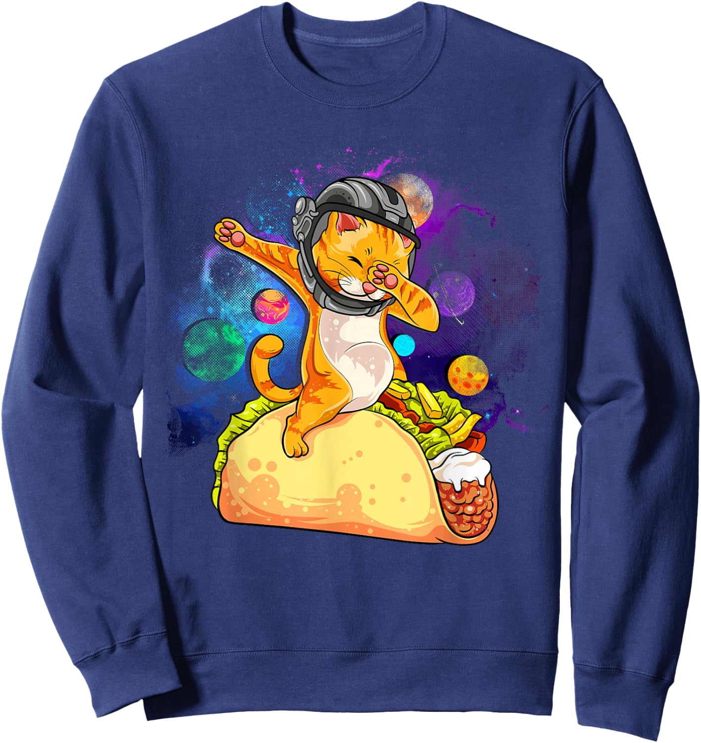Funny Dabbing Cat Astronaut In Space Riding Taco Sweatshirt - Sweatshirt | Navy