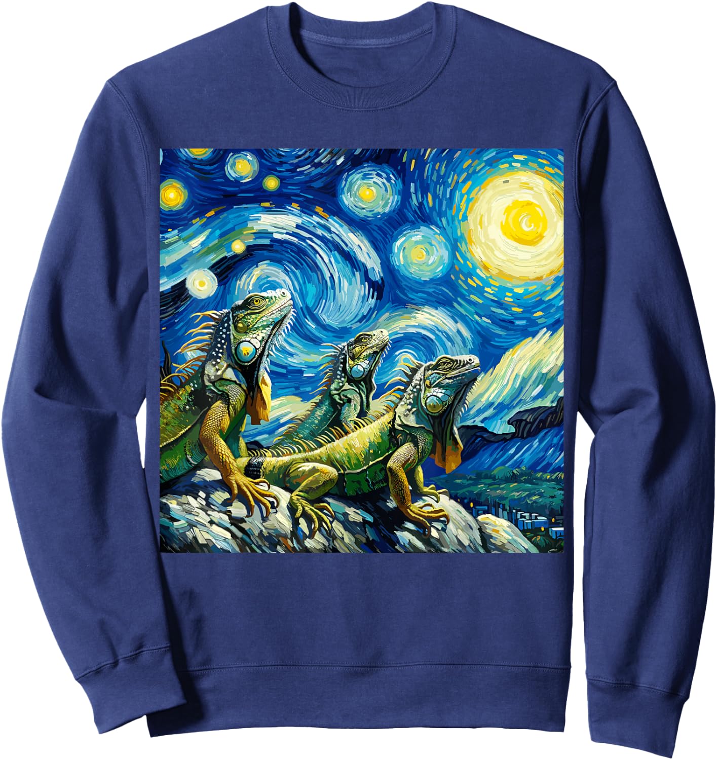 Iguana Motif Lizard Three Lizards Moon Howling Starry Night Sweatshirt - Sweatshirt | Navy