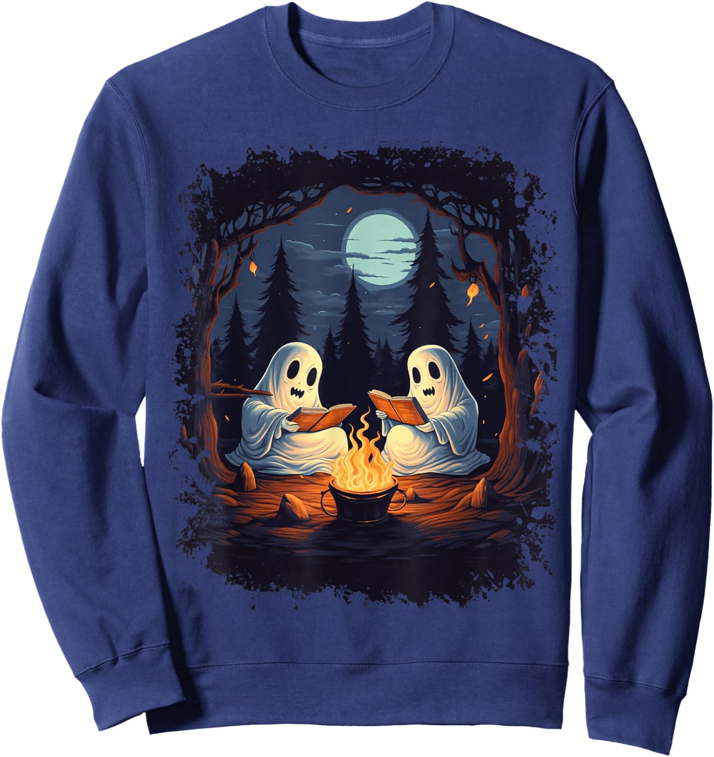 Retro Ghost Reading Books Camping Campfire Gothic Halloween Sweatshirt - Sweatshirt | Navy