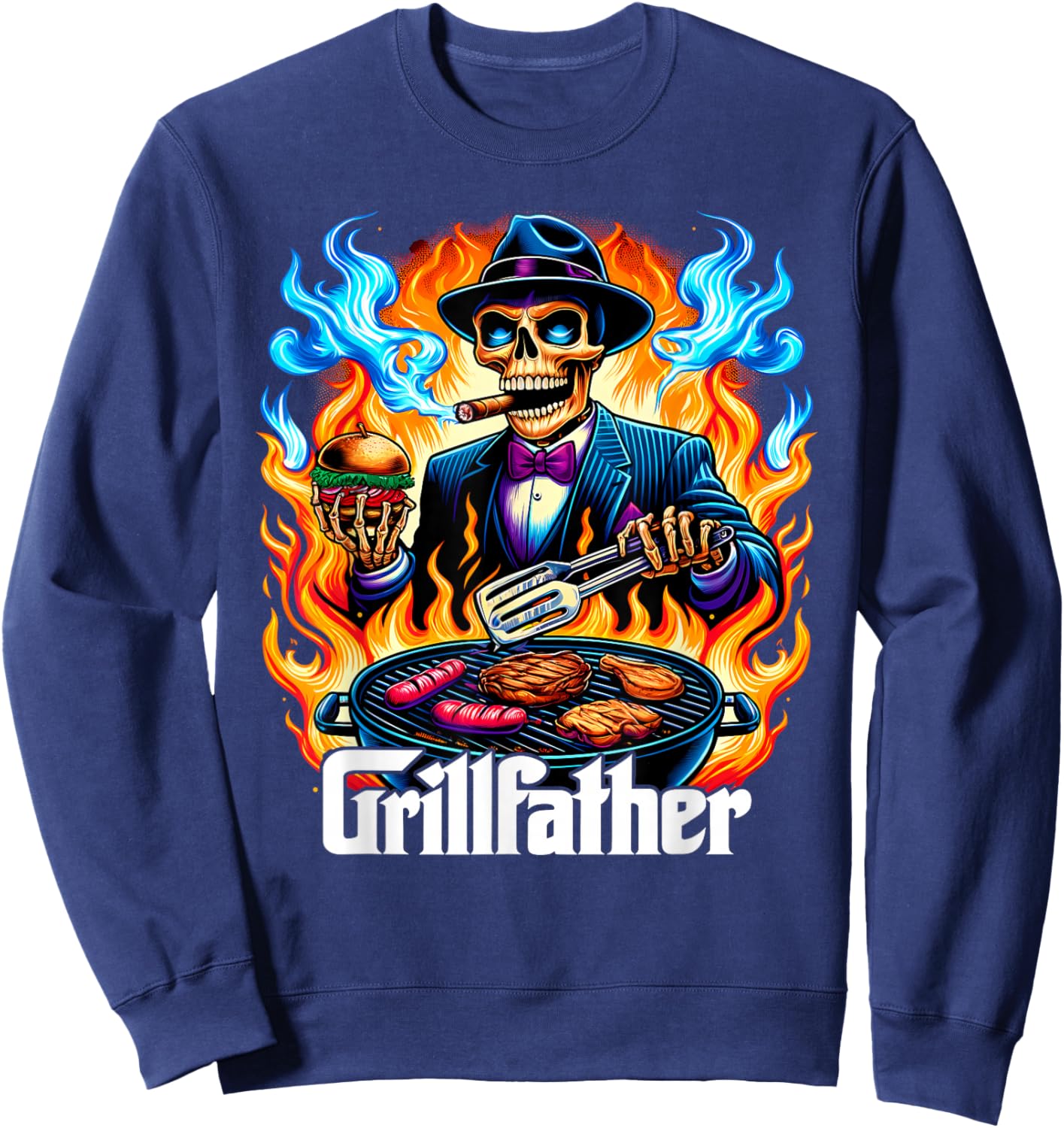 The Grillfather BBQ Grill & Smoker Barbecue Chef Skeleton Sweatshirt - Sweatshirt | Navy