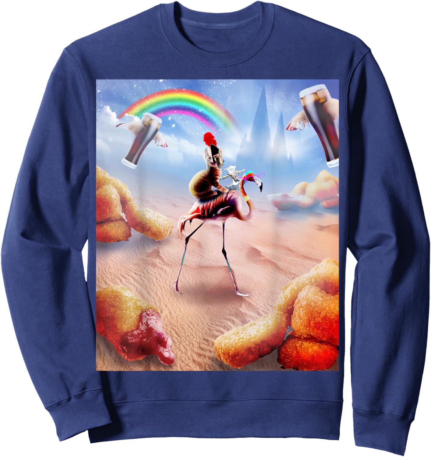 Cat Riding Flamingo With Chicken Nuggets And Cola Sweatshirt - Sweatshirt | Navy