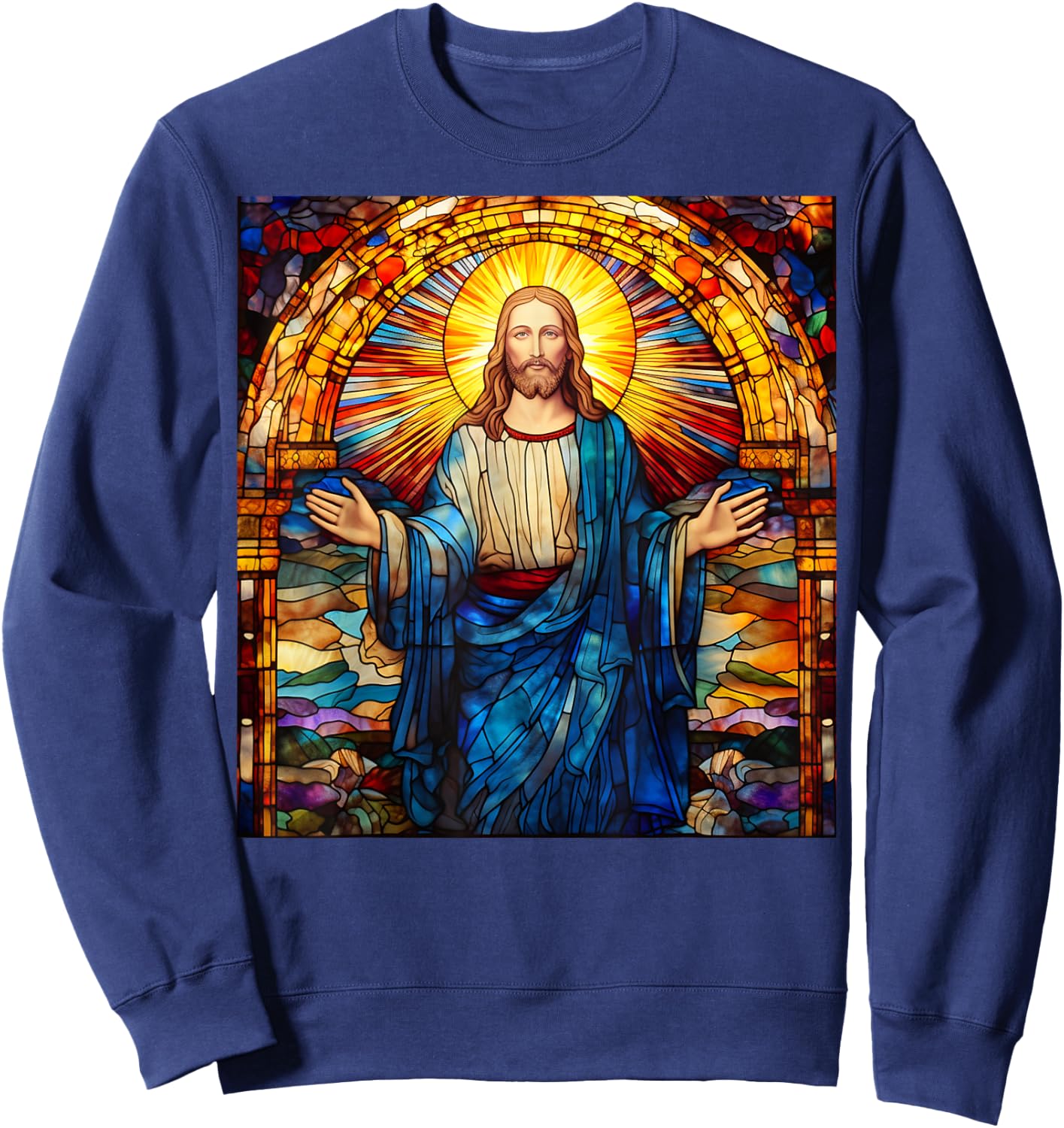 Jesus Christ Stained Glass Christian Sweatshirt - Sweatshirt | Navy