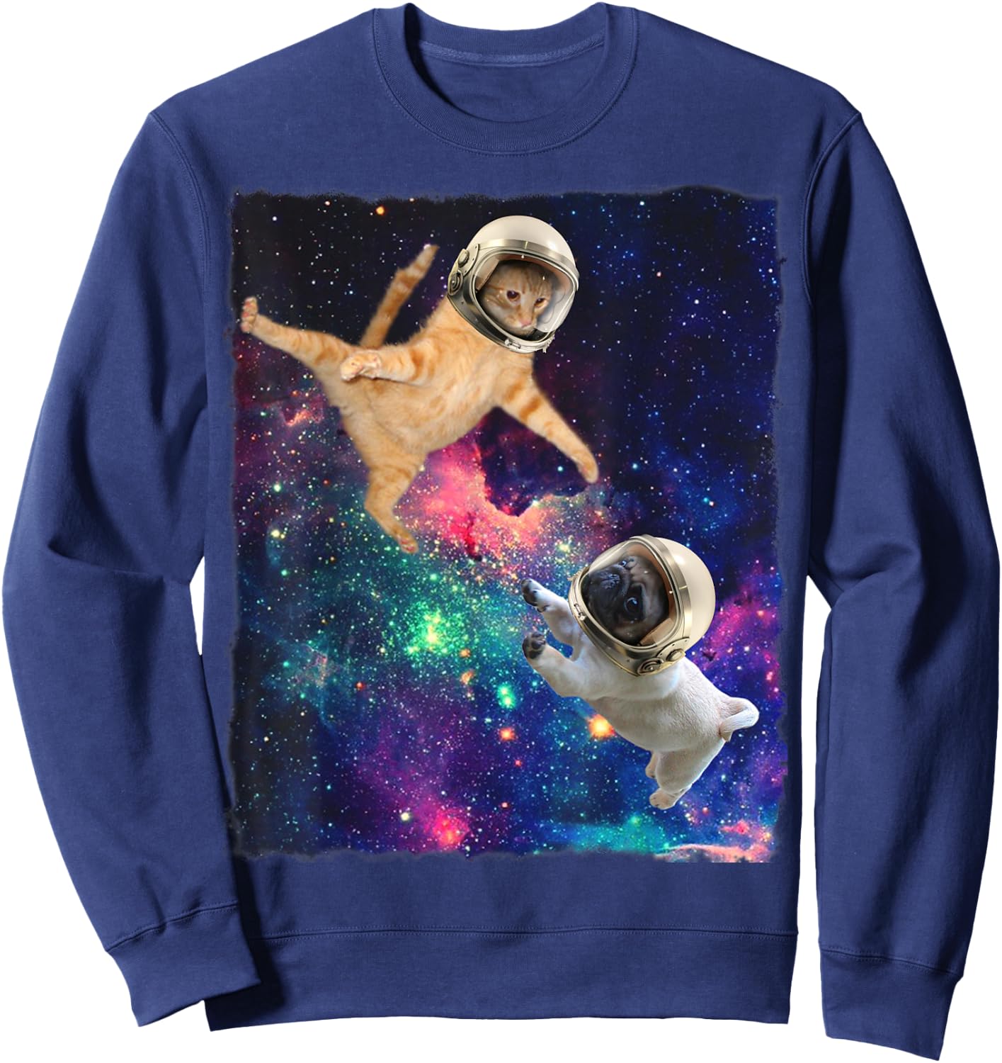 Cute Space Cat vs Pug Galaxy Epic Fight In Outer Space Sweatshirt - Sweatshirt | Navy