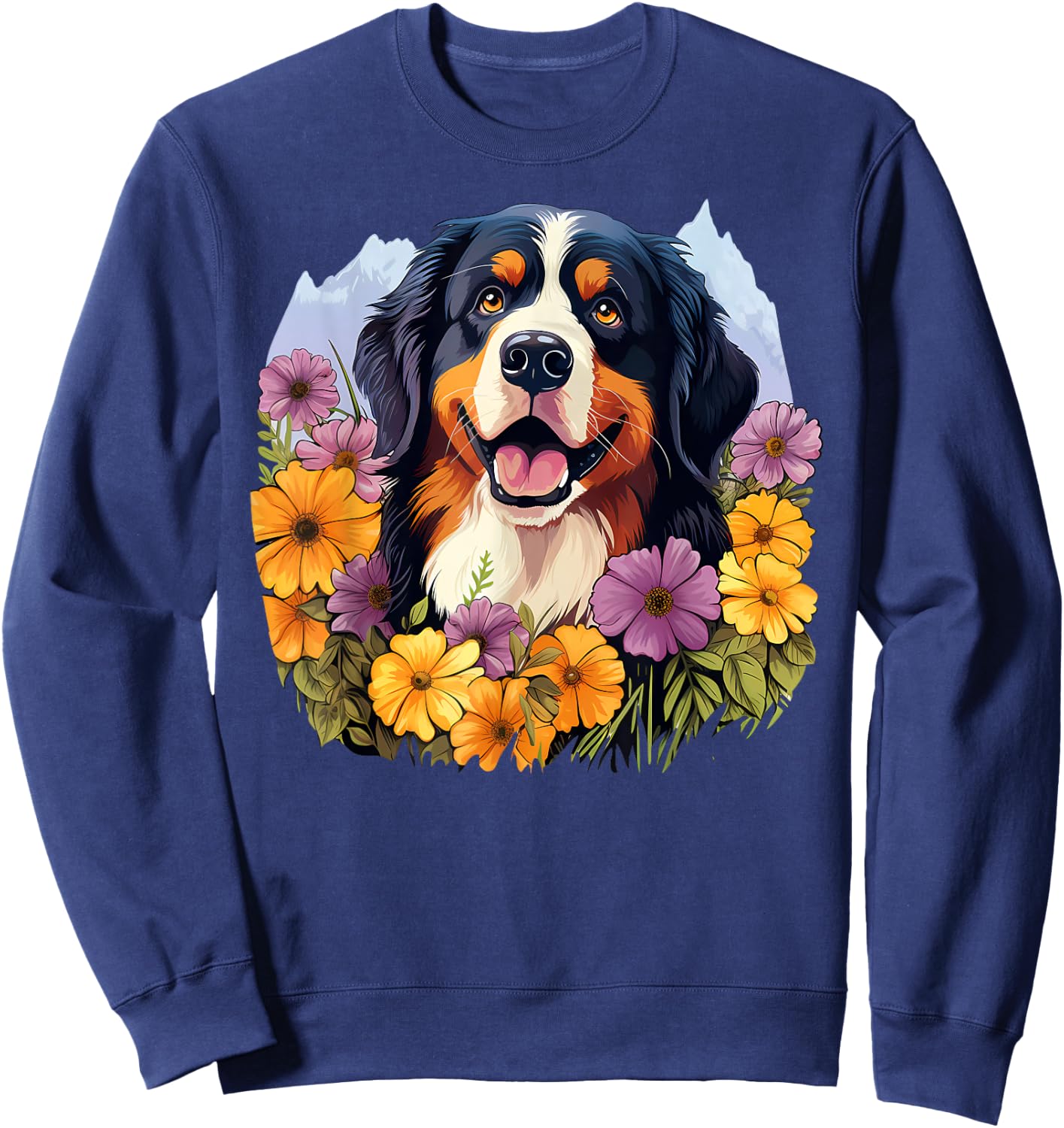 Cute Bernese Mountain Dog in Spring Flower Garden Puppy Men Women Girls Kids Sweatshirt - Sweatshirt | Navy