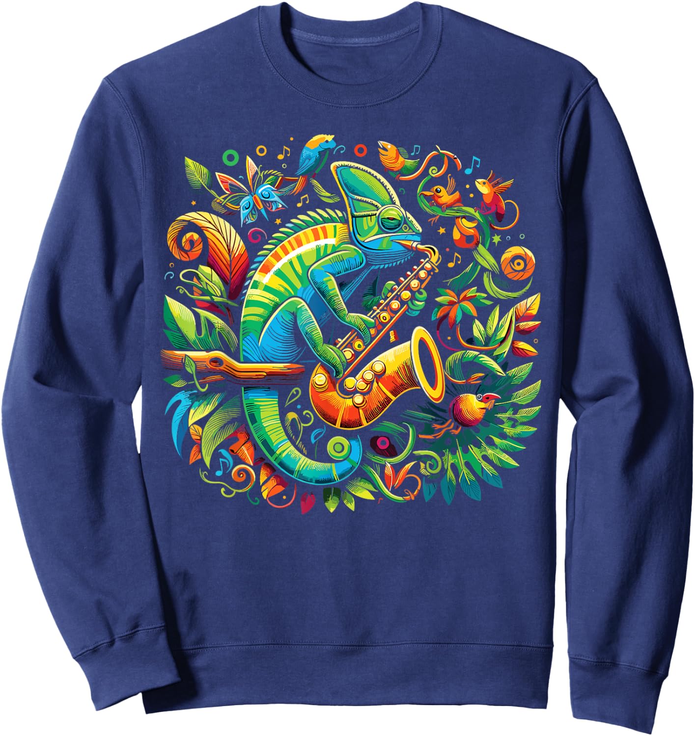 Colorful Chameleon Playing Saxophone | Sax Music Art Sweatshirt - Sweatshirt | Navy