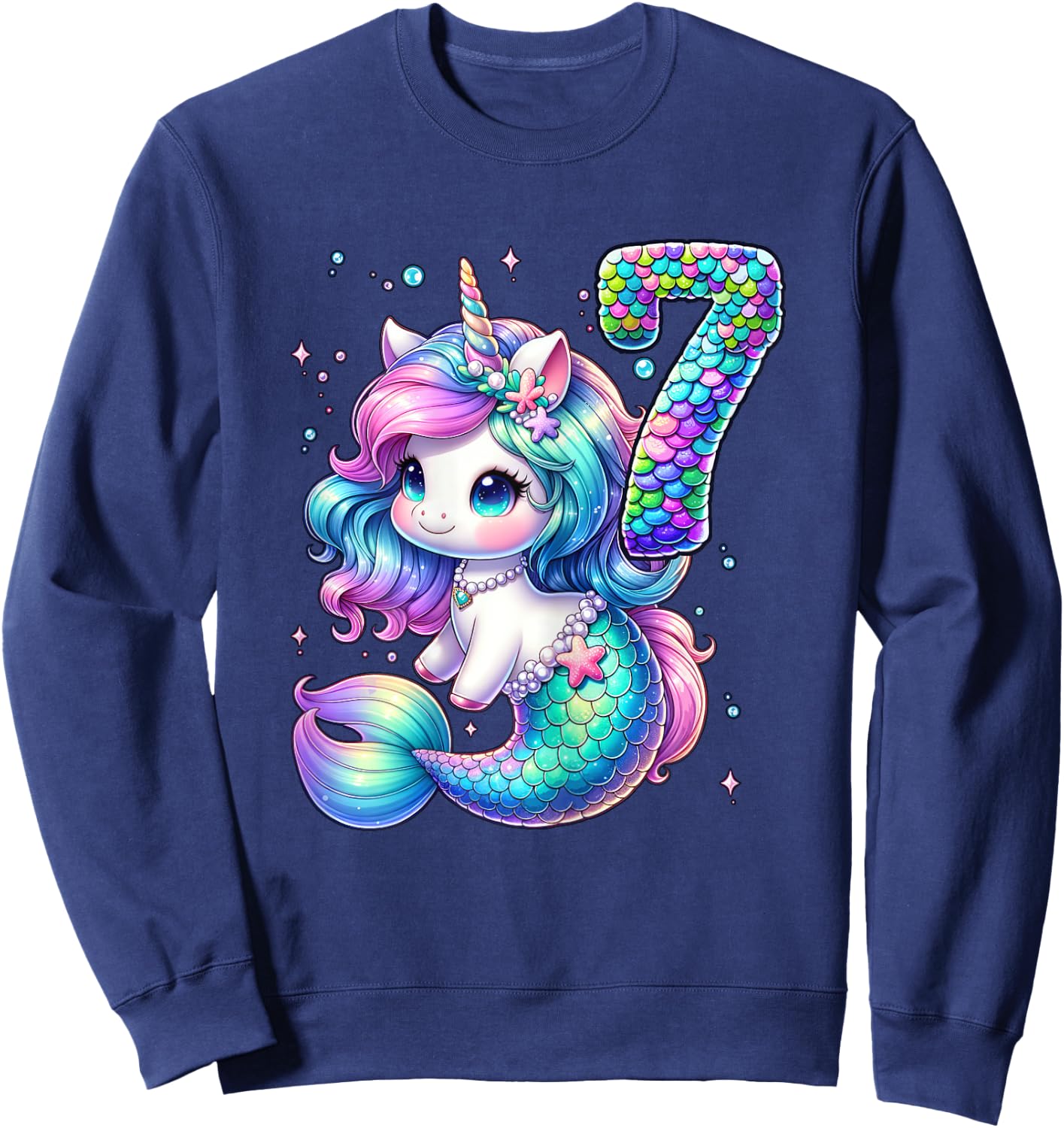 Unicorn Mermaid 7th Birthday 7 Year Old Party Girls Outfit Sweatshirt - Sweatshirt | Navy